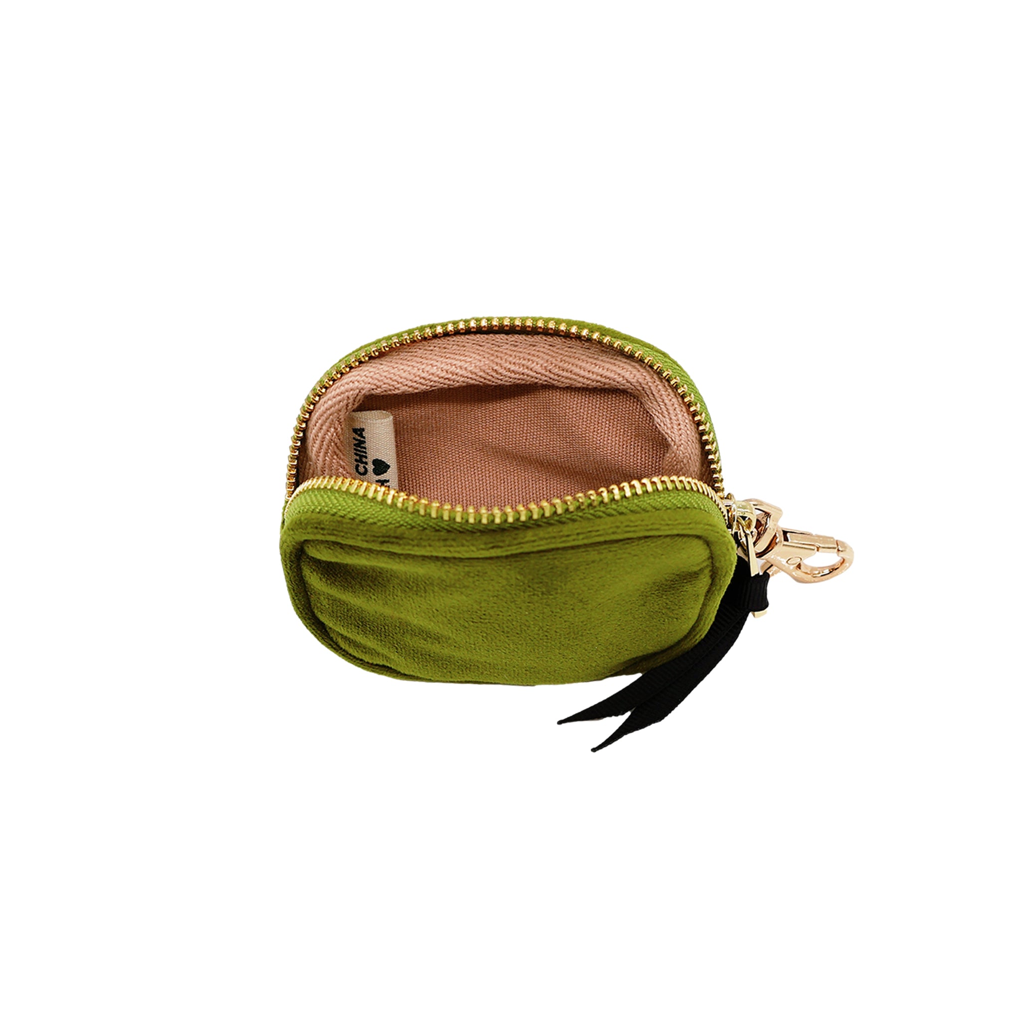 Bag-all Green Velvet Earbuds Case with gold zipper and clasp, featuring plush eco-velvet exterior and protective interior for AirPods storage, opened to show tan lining