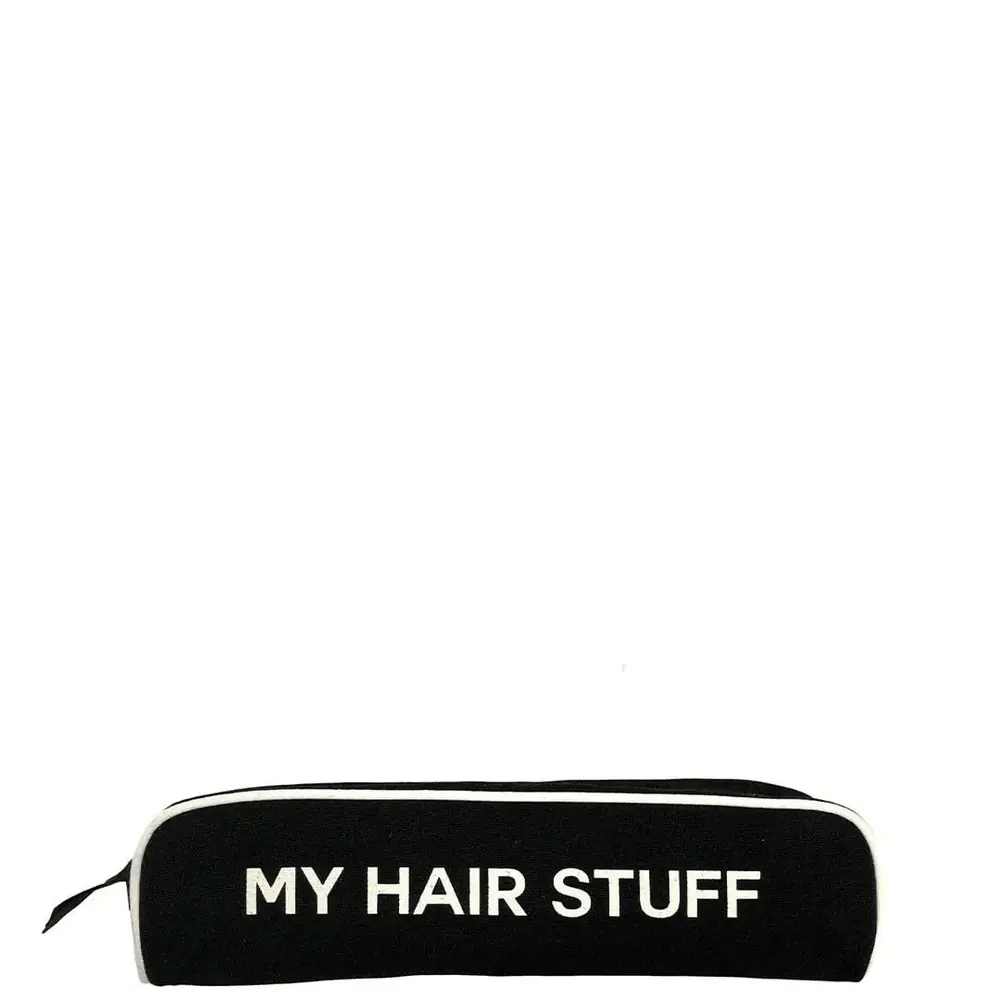 Black Bag-all hair stuff travel case with white text and zipper for organizing hair tools at home or on the go