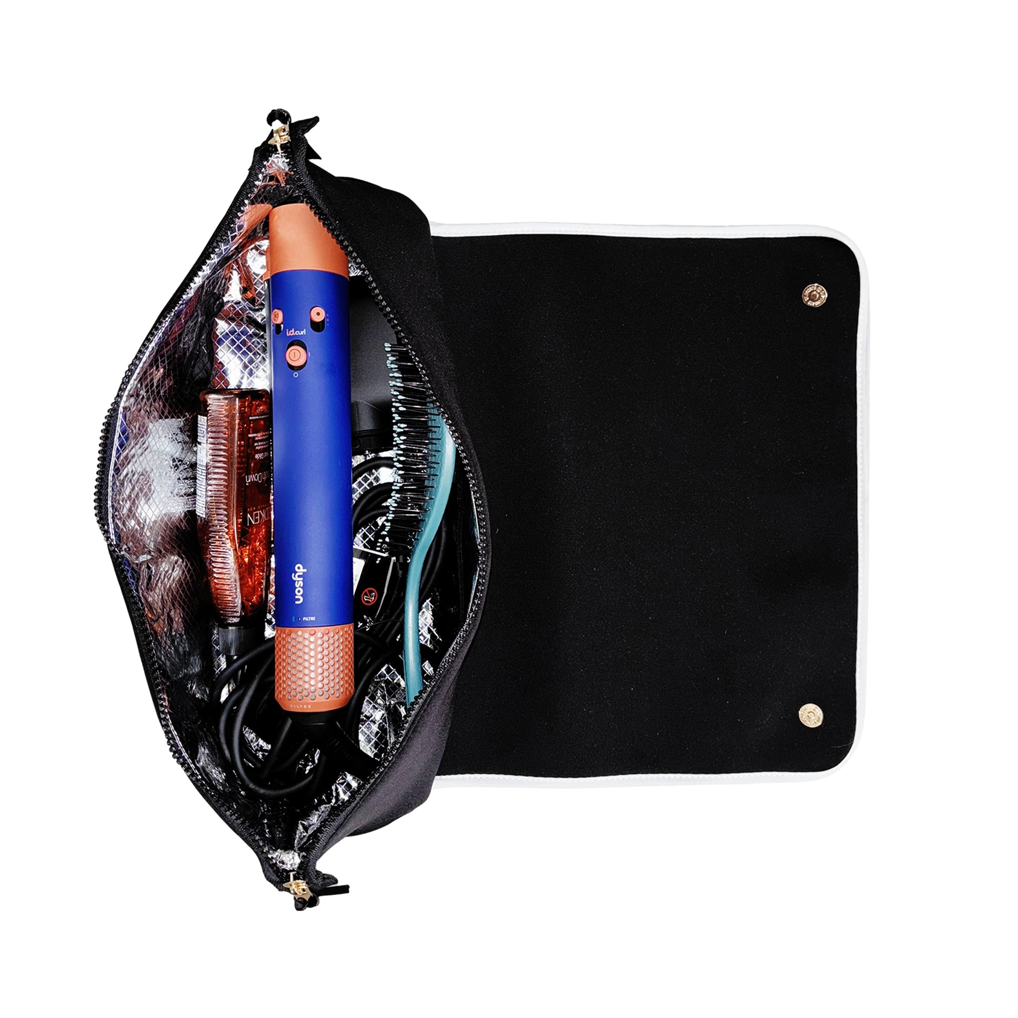 Bag-all hair tools travel case with heat-resistant mat, elastic straps, and zippered compartment for organized styling accessories