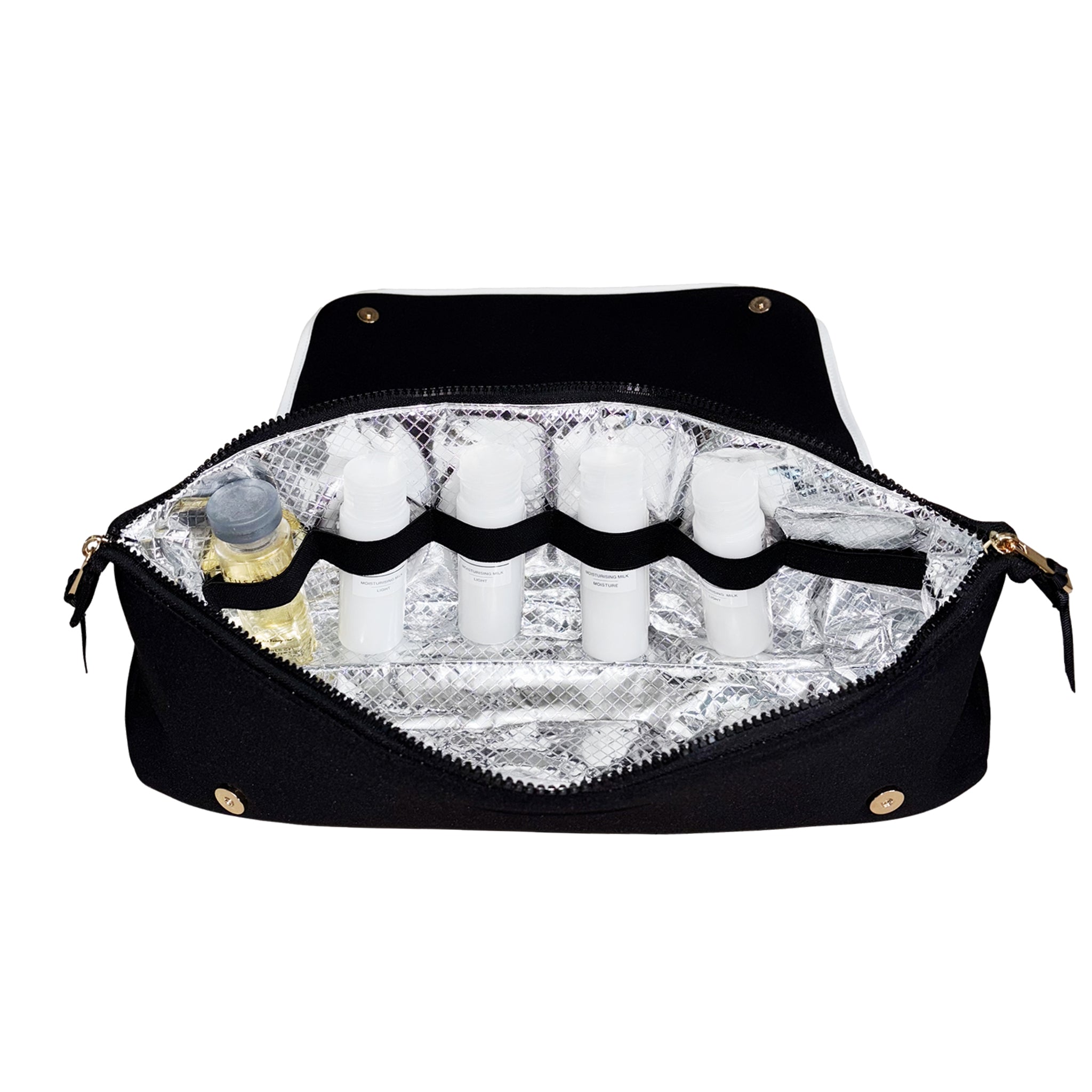 Bag-all black travel case with heat-resistant lining and elastic straps holding toiletry bottles neatly organized.