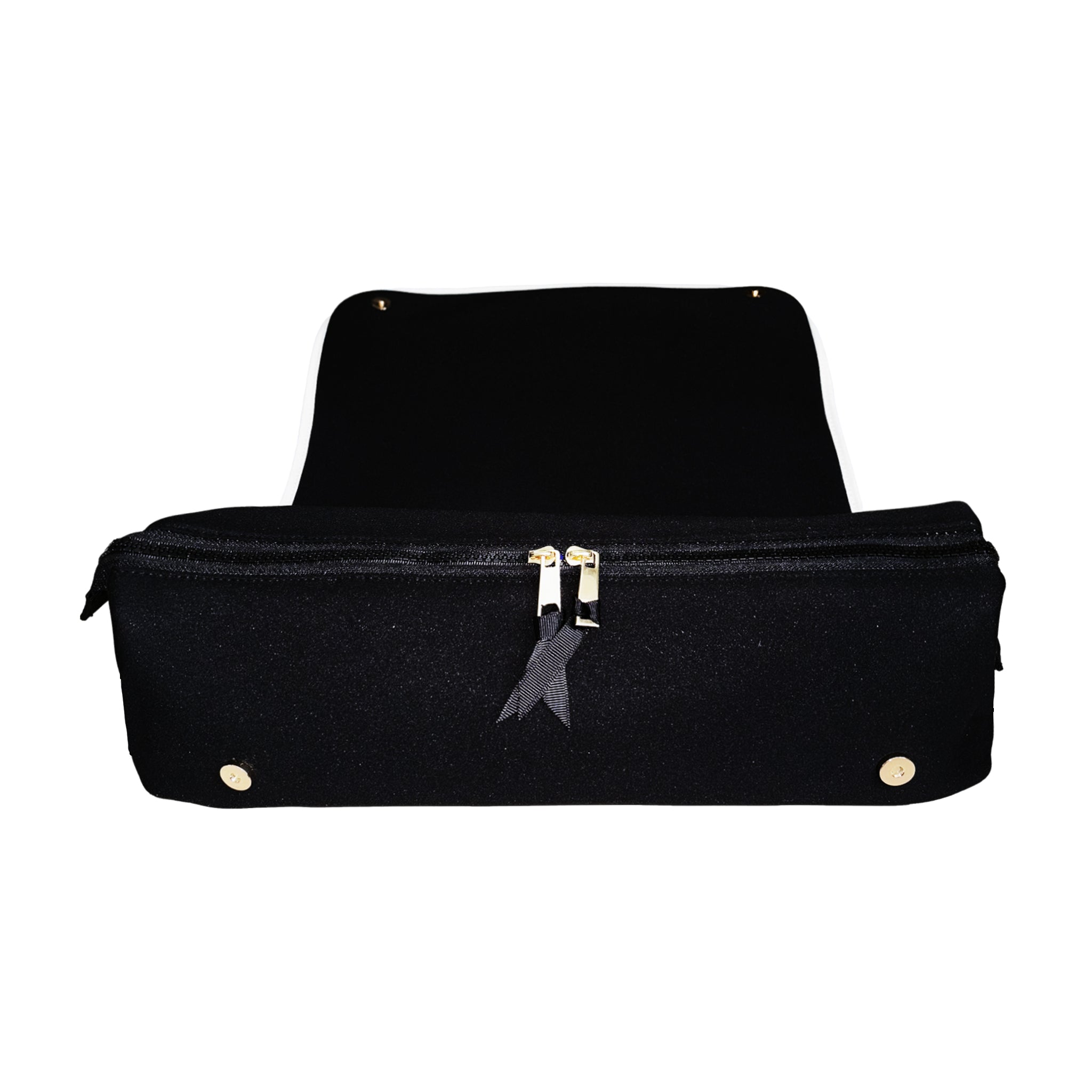 Bag-all black travel case with heat-resistant mat for styling tools, zippered compartment, and snap-button flap for organization