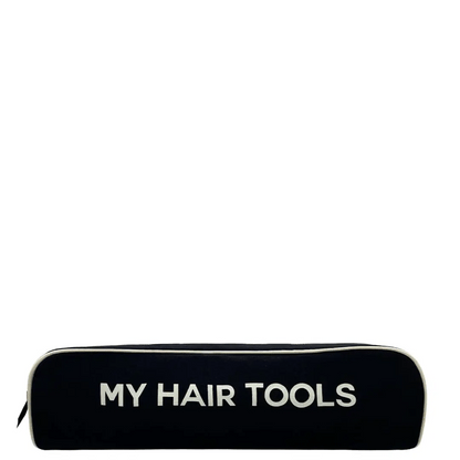 Black Bag-all roomy hair tools travel case with white lettering My Hair Tools on front panel isolated on white