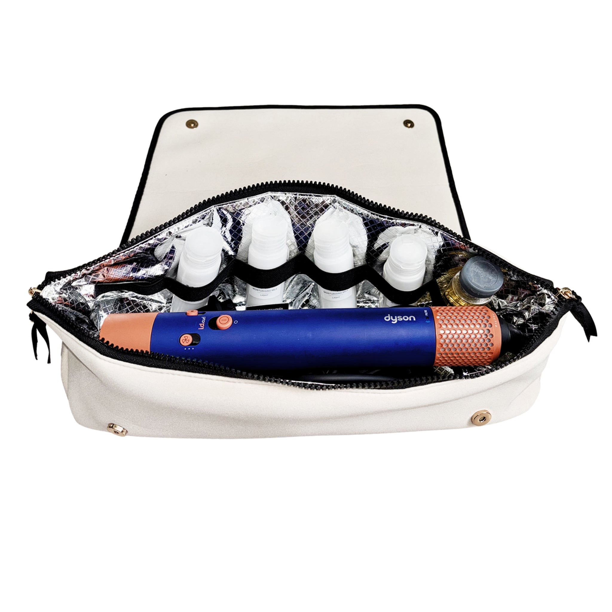 Bag-all cream travel case with heat-resistant mat, elastic straps, and compartments for hair tools and accessories organized.
