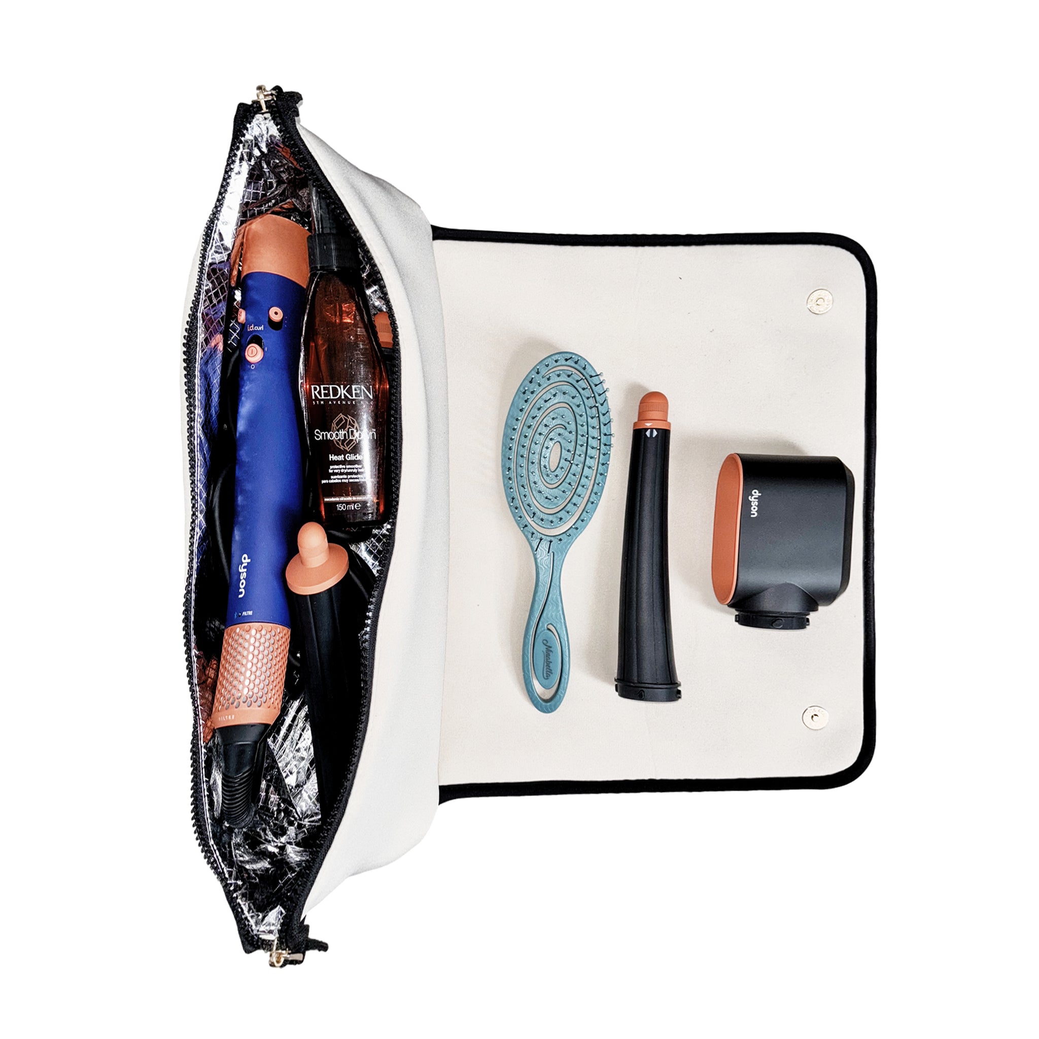 Bag-all cream hair tools travel case with heat-resistant mat and organized compartments for styling essentials on the go