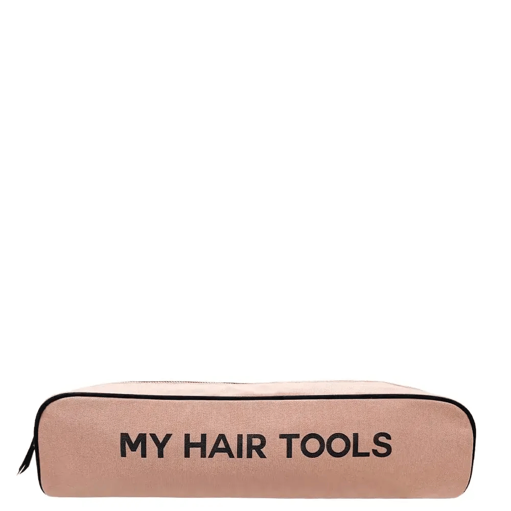 Bag-all blush pink roomy hair wrap tools travel case with black zipper and MY HAIR TOOLS text on front
