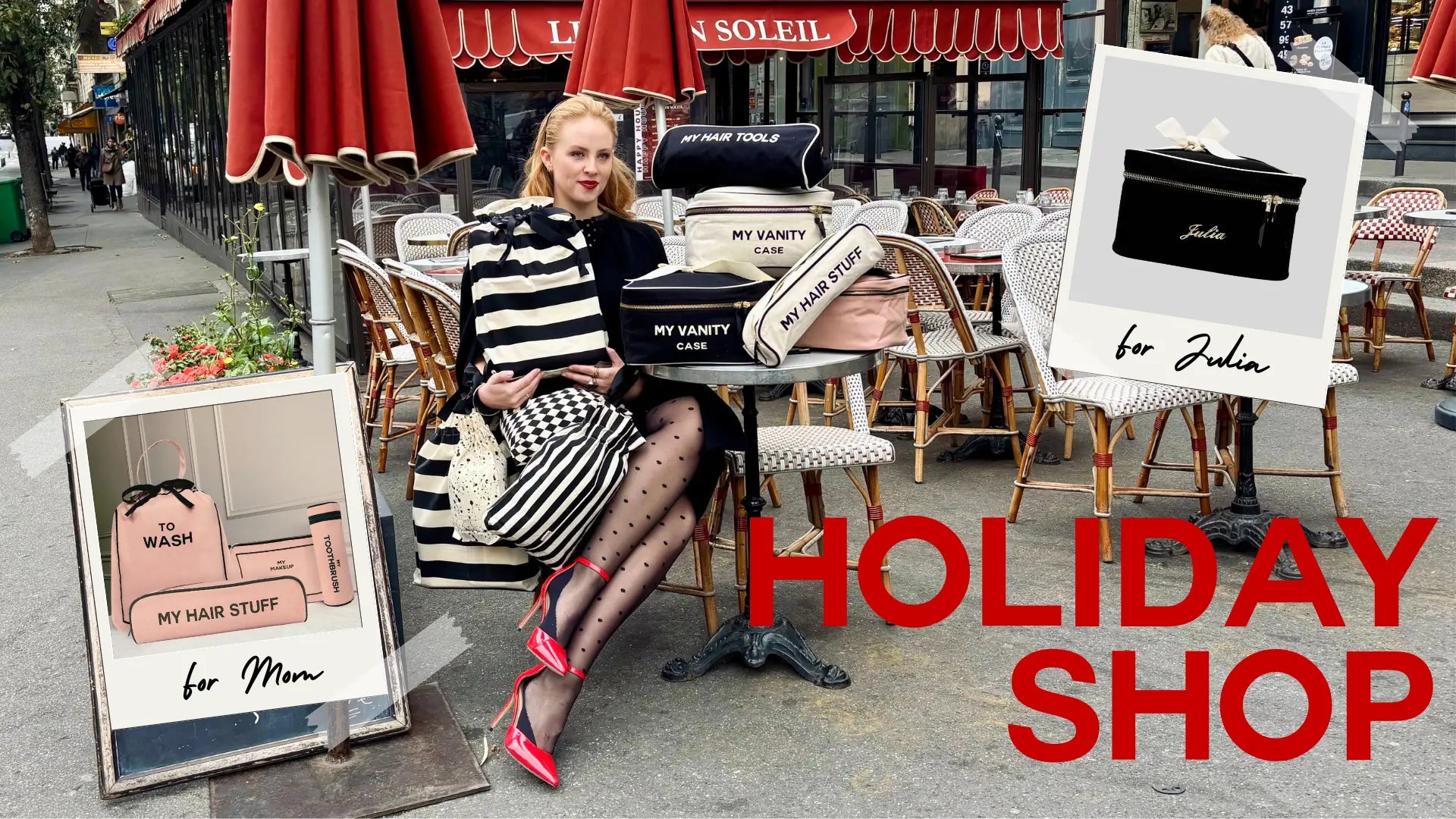 Woman sitting at outdoor café table with striped outfit and red heels surrounded by Bag-all vanity and travel bags holiday shop scene