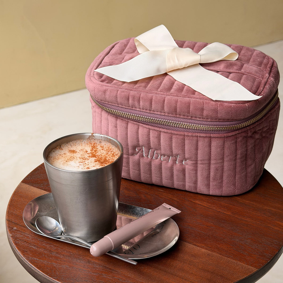 My Makeup Cosmetic Box – Quilted Eco Velvet – Blush Pink by Bag-all with white ribbon beside coffee