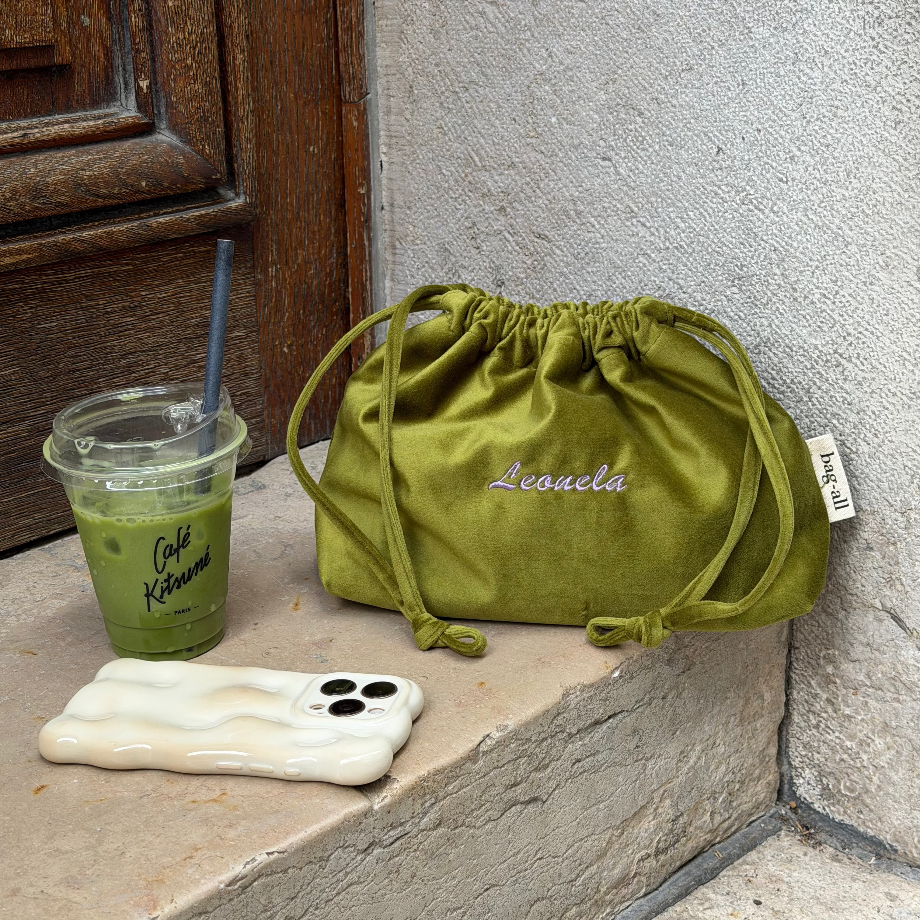 Drawstring Makeup Organizing Bag – Eco Velvet – Matcha Green by Bag-all, personalized velvet travel organizer