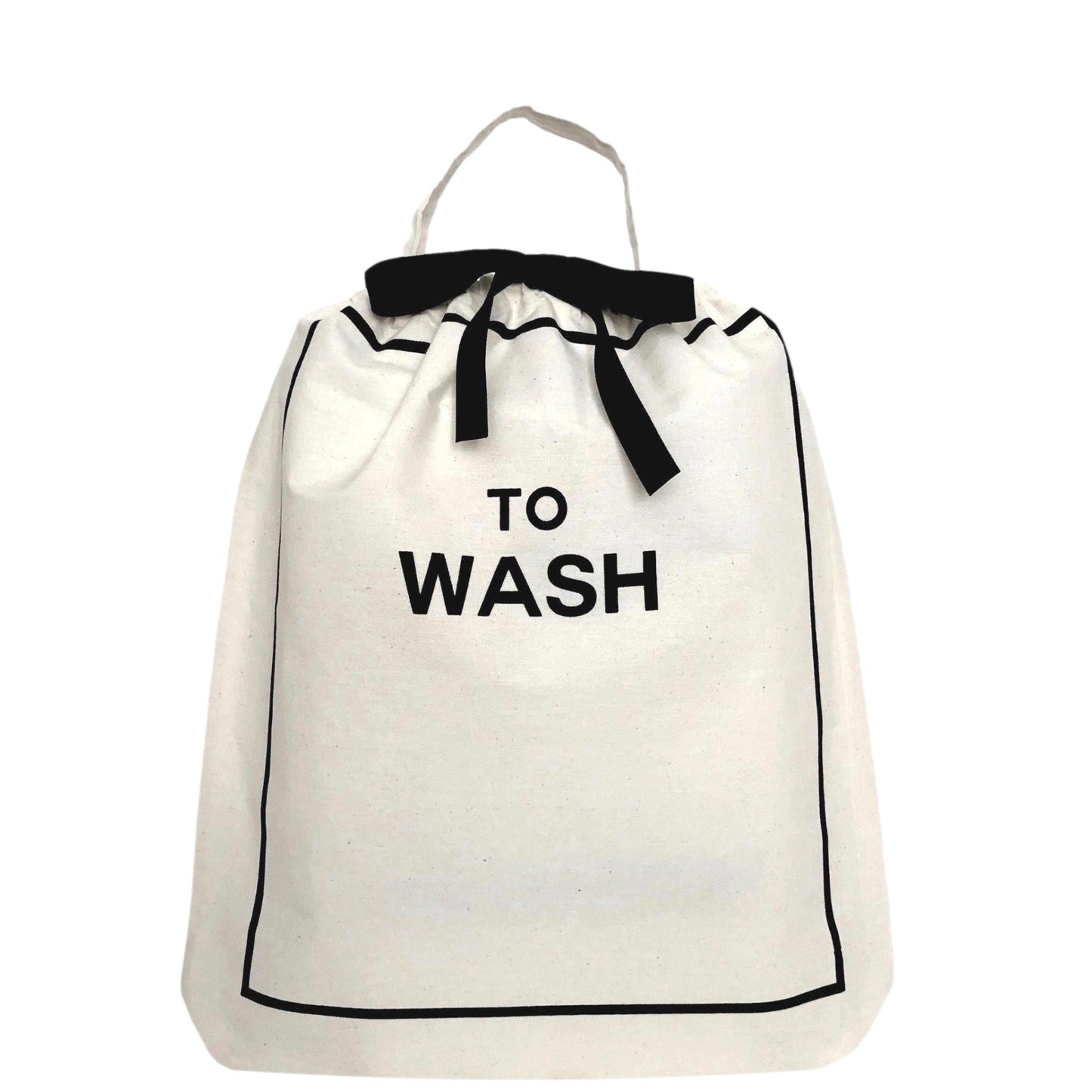 Cream-colored laundry bag with black drawstring and "TO WASH" text designed by Bag-all for The Weekender Gift Set