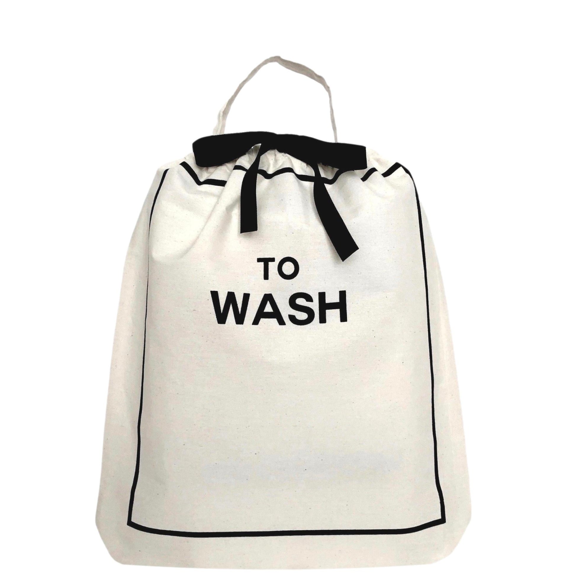 Cream-colored laundry bag with black drawstring and "TO WASH" text designed by Bag-all for The Weekender Gift Set