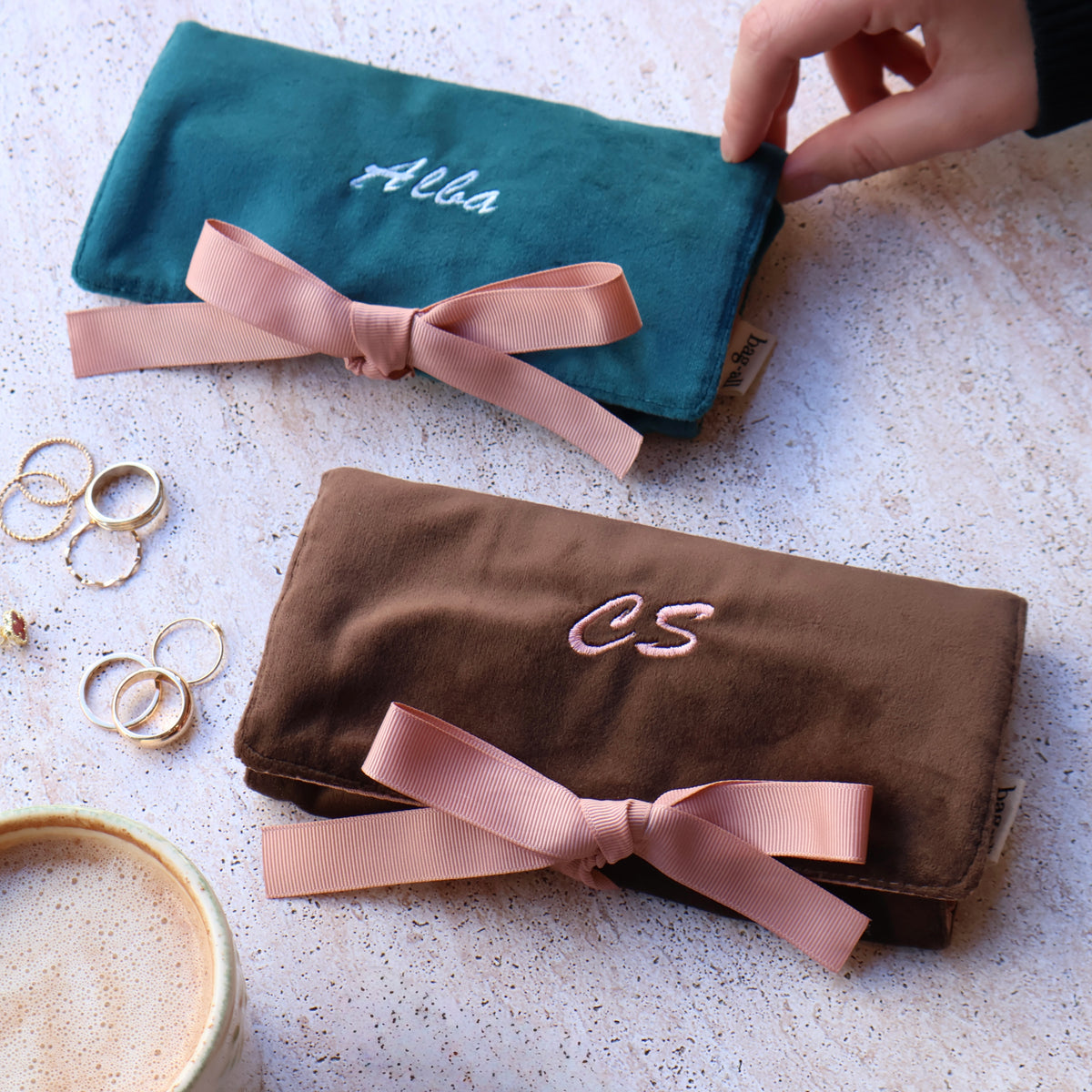 Couture Jewelry Roll, Medium – Eco Velvet – Aqua Teal by Bag-all with pink ribbon and jewelry for travel organization