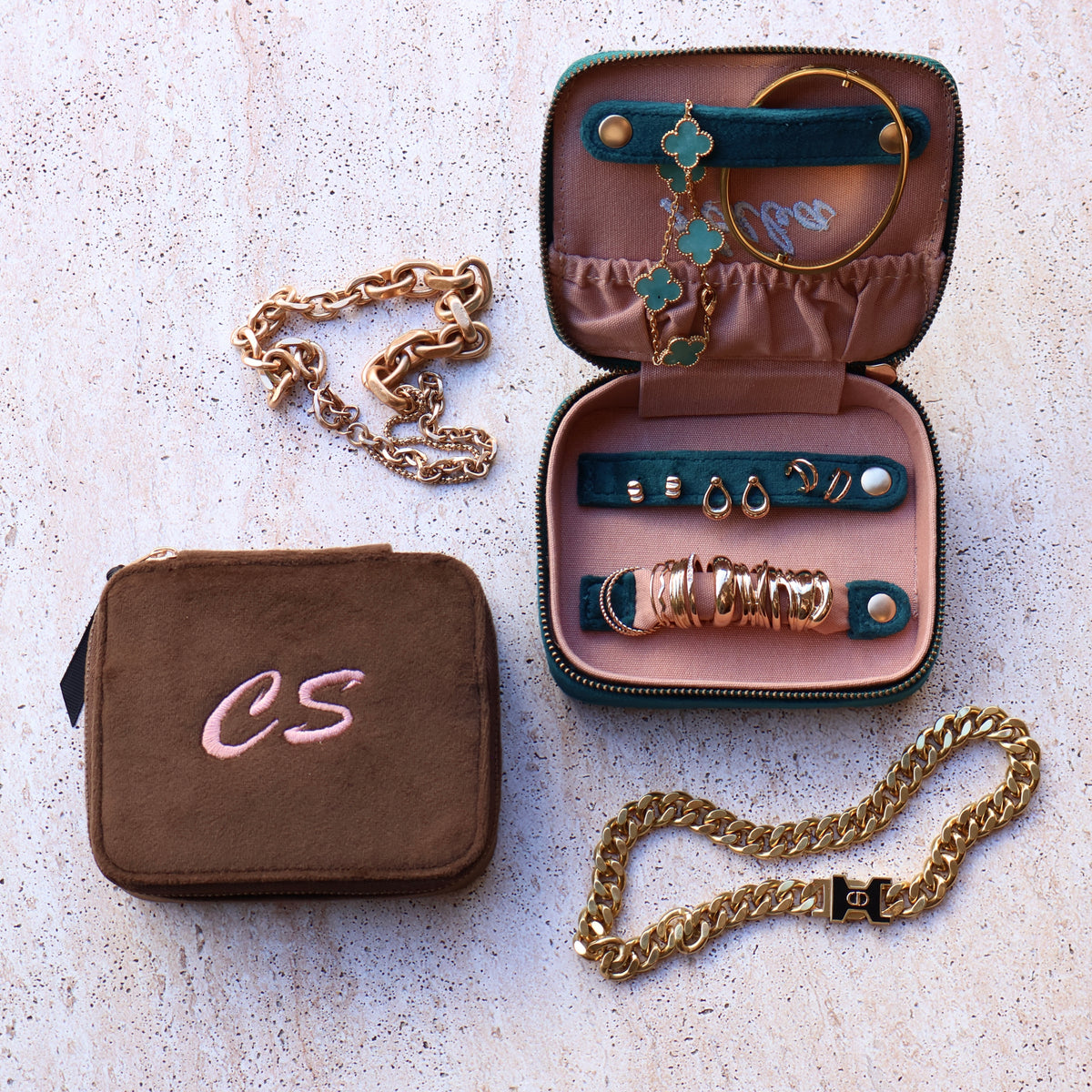 Cute Jewelry Box, Monogrammable – Eco Velvet – Espresso Brown with jewelry, Bag-all travel organization gift