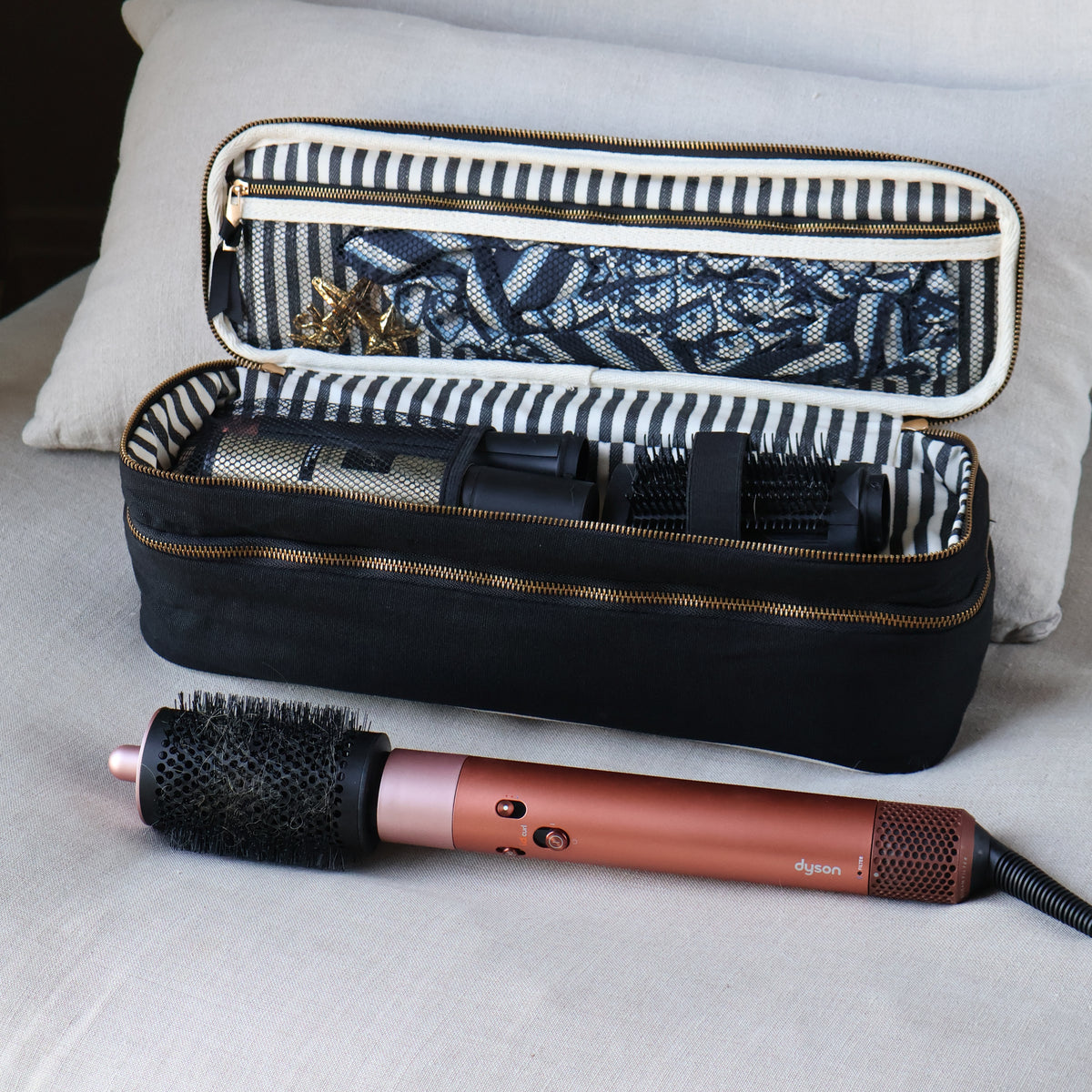 Bag-all Double Hair Tools Travel Case – Black open with organized hair styling tools for travel