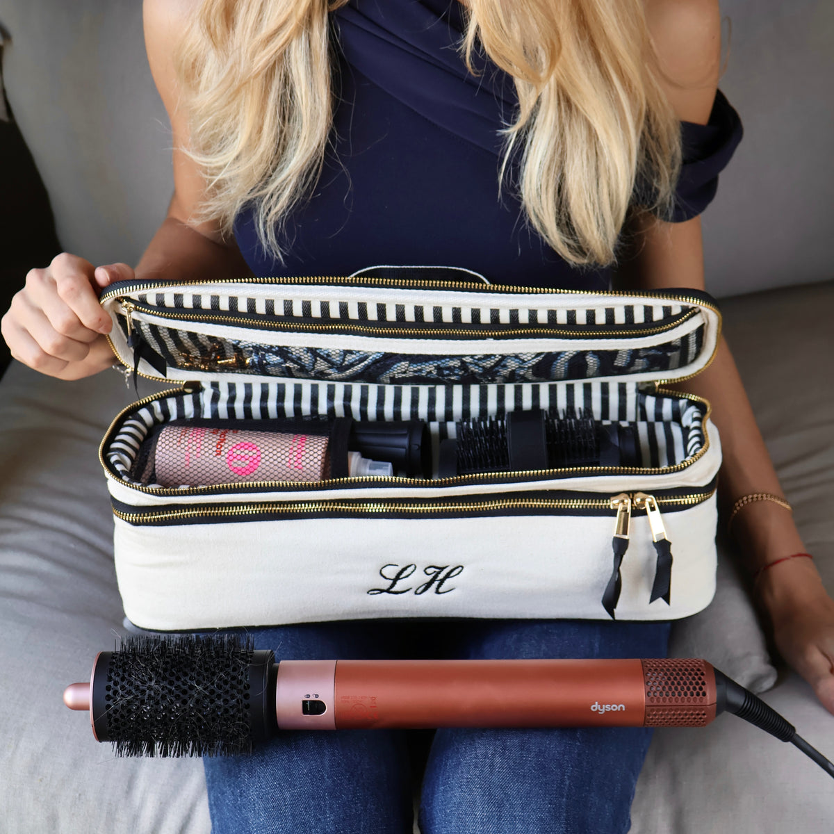 Double Hair Tools Travel Case – Cream with striped interior and Dyson Airwrap for travel organization by Bag-all