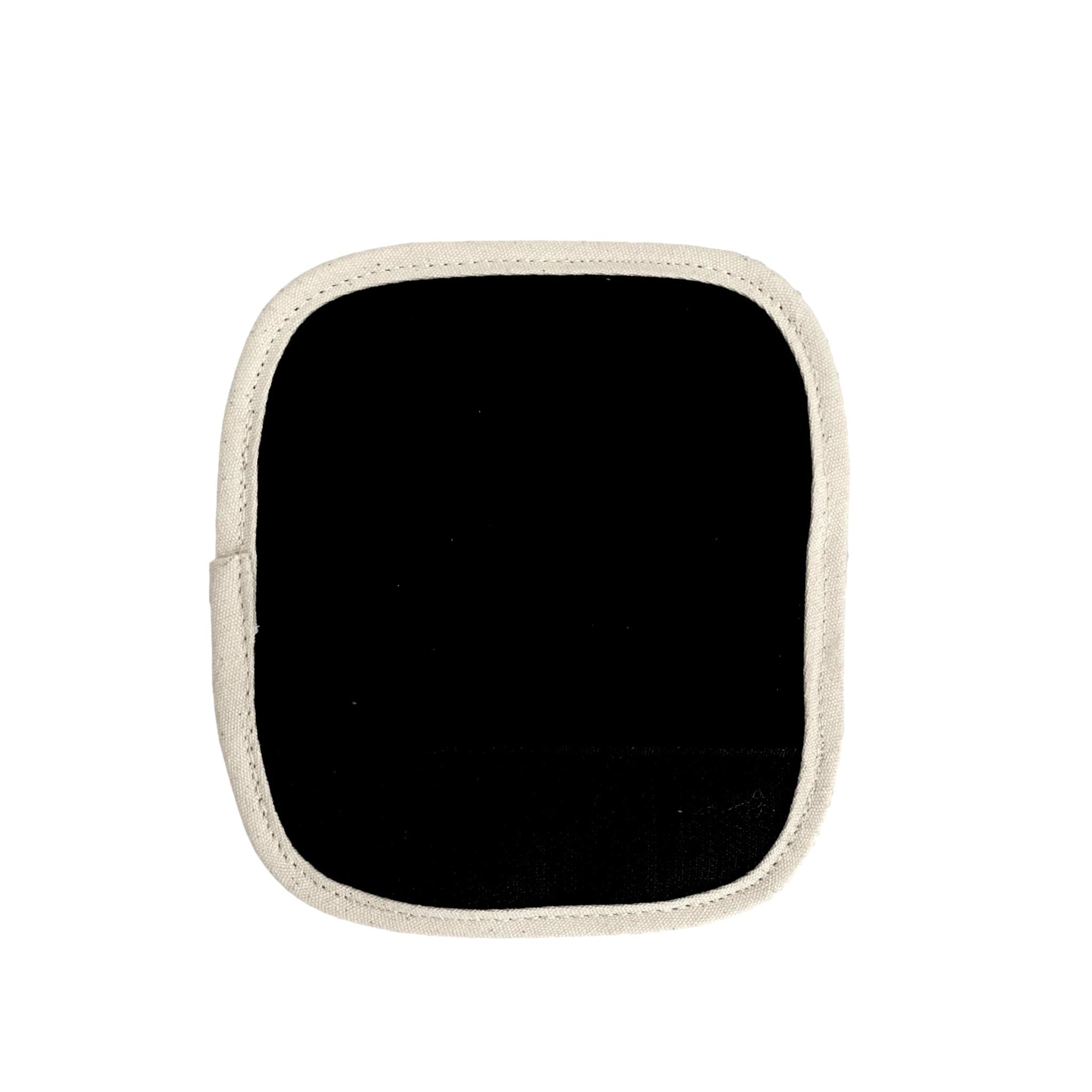 Bag-all Luggage Handle Cover in black with white trim, square-shaped padding for comfortable grip and personalization, premium travel accessory for suitcase identification