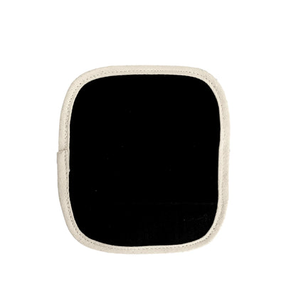 Bag-all Luggage Handle Cover in black with white trim, square-shaped padding for comfortable grip and personalization, premium travel accessory for suitcase identification