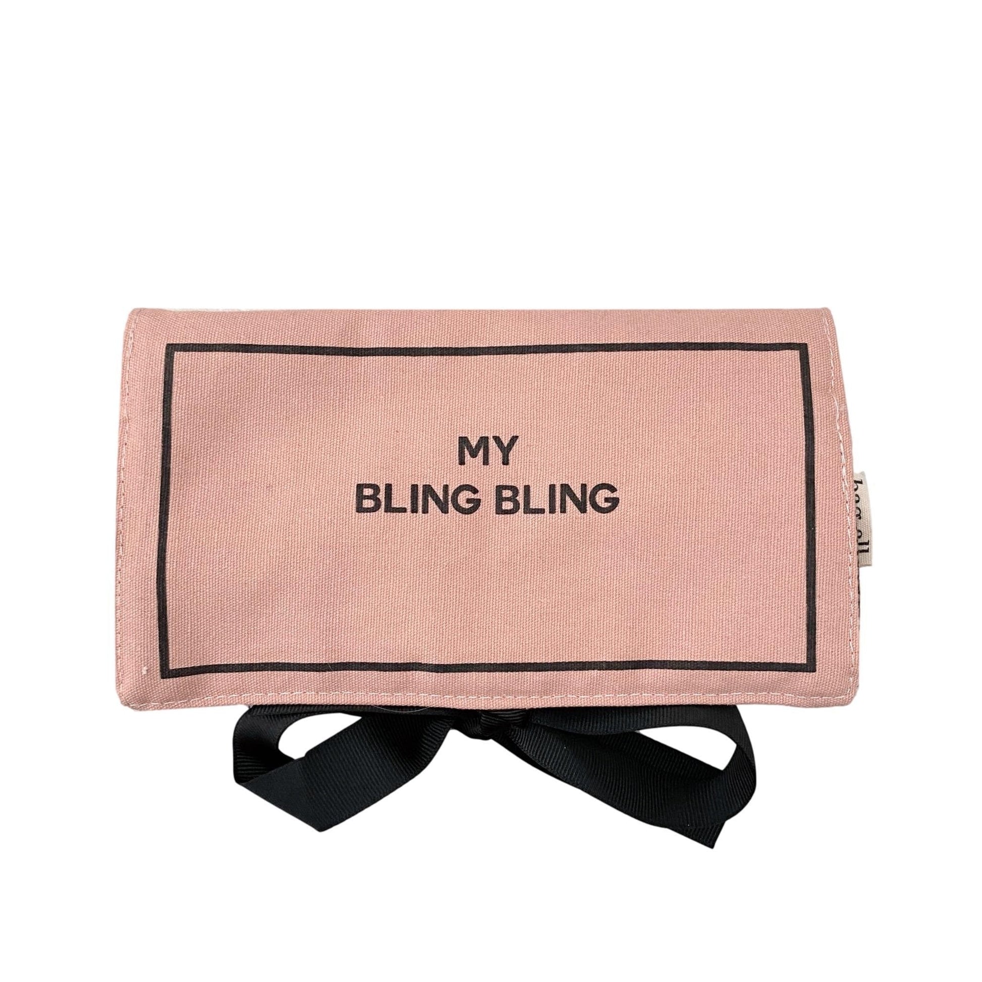 Bag-all Deal Gift Set for Her featuring pink cotton jewelry organizer with 'My Bling Bling' text, part of 3-piece set with makeup and lingerie cases in blush tones