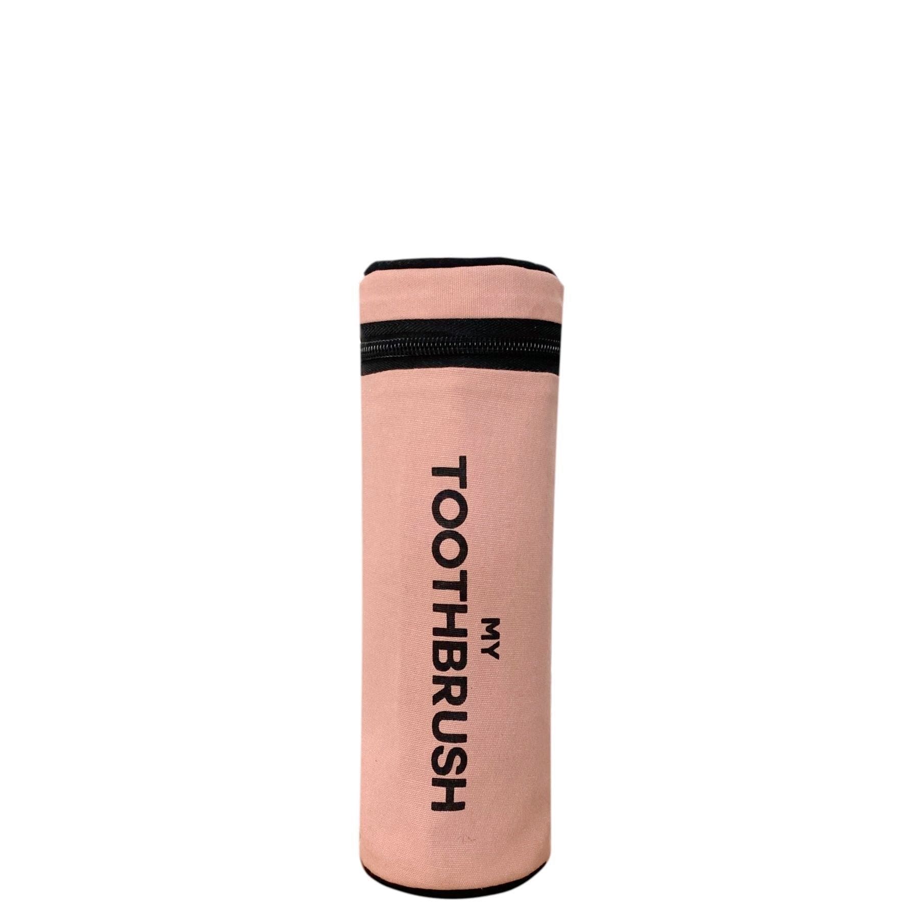 Bag-all Ultimate Gift Set - Pink cotton toothbrush case with black zipper and text, part of 4-piece travel and home organization collection in blush pink