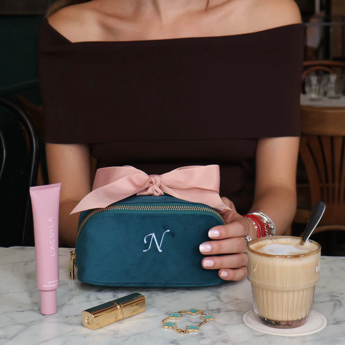 Petite Accordion Makeup Case – Eco Velvet – Aqua Teal by Bag-all with pink bow and cosmetics for travel organization