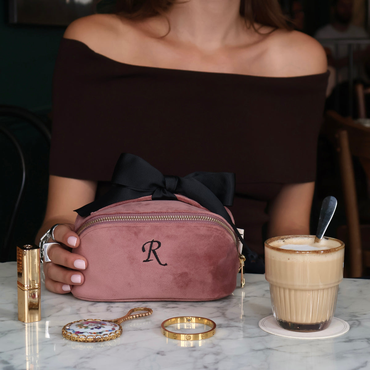 Petite Accordion Makeup Case – Eco Velvet – Blush Pink by Bag-all with personalized monogram and bow for travel organization