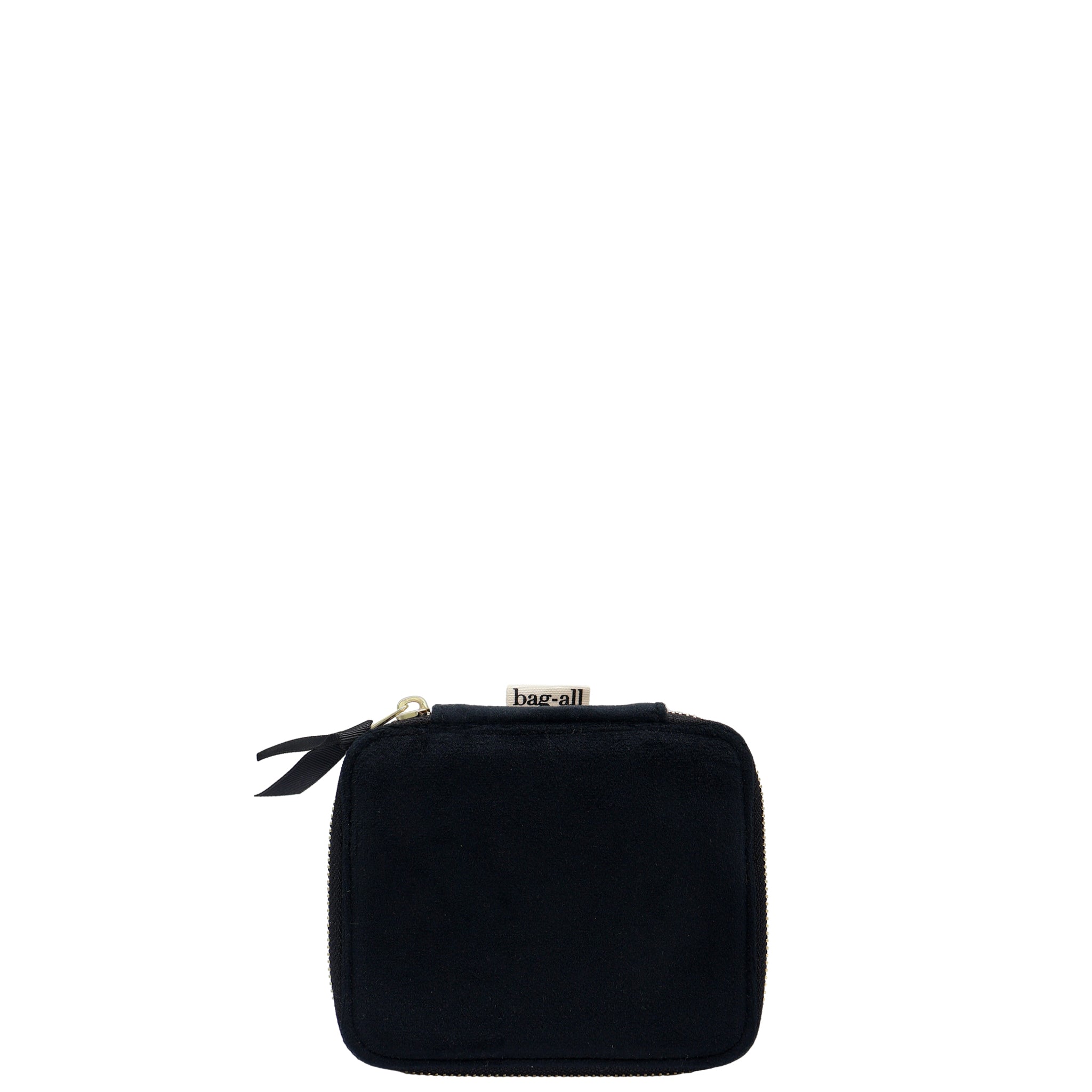 Black eco velvet square makeup and jewelry pouch with black zipper and Bag-all fabric tag on white background