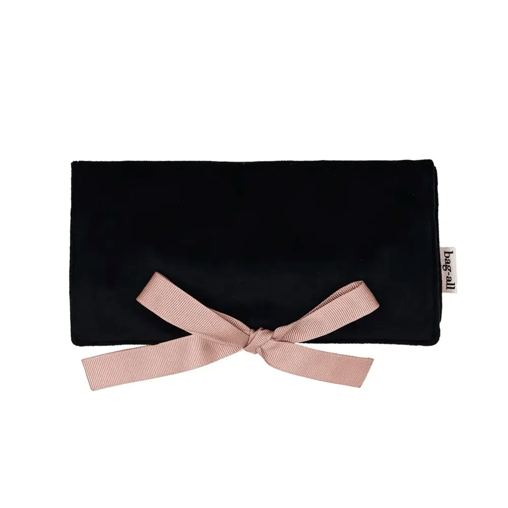 Bag-all black velvet medium jewelry roll with soft pink ribbon tie, elegant travel organizer gallery position 1