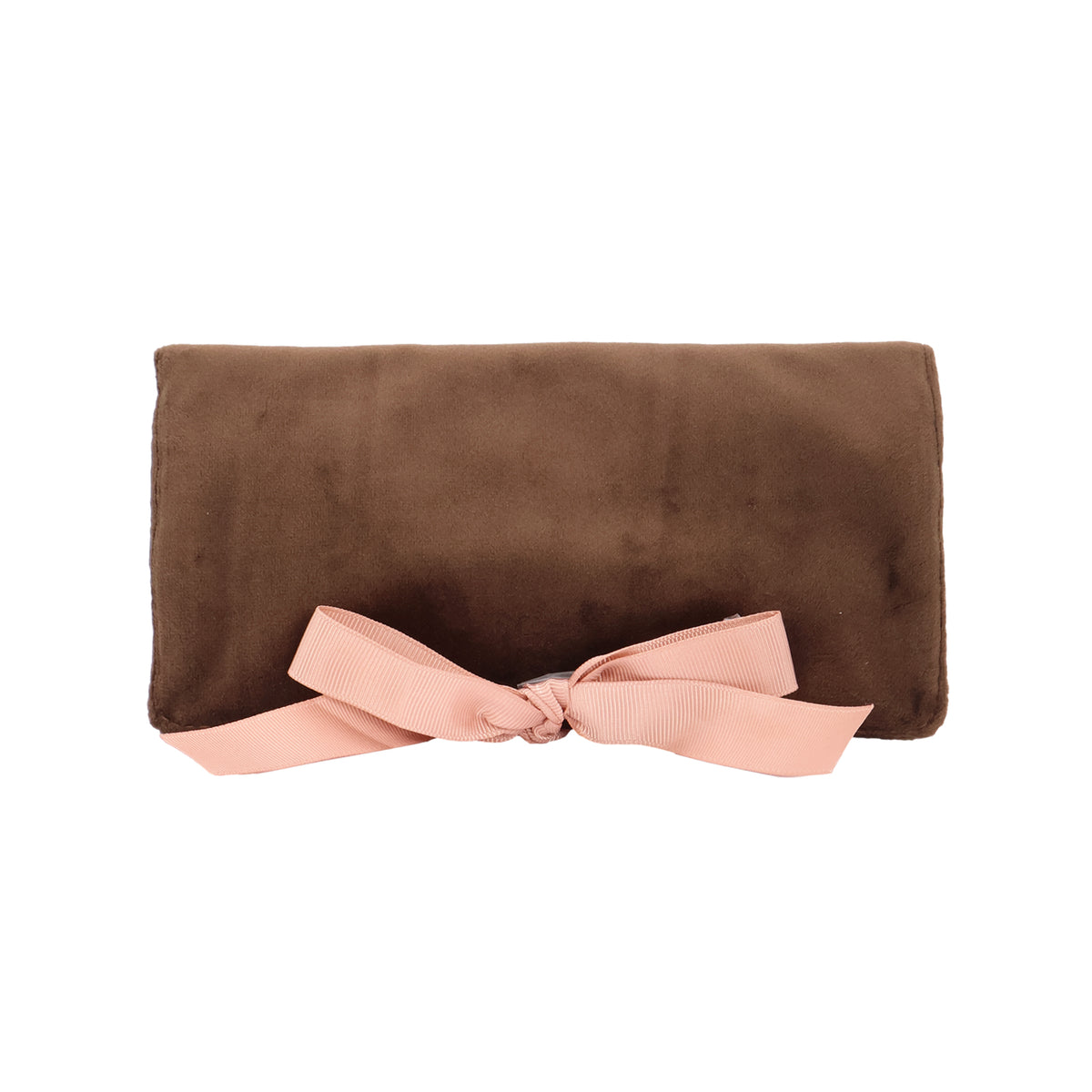 Couture Jewelry Roll, Medium – Eco Velvet – Espresso Brown, brown velvet with pink ribbon by Bag-all for travel organization