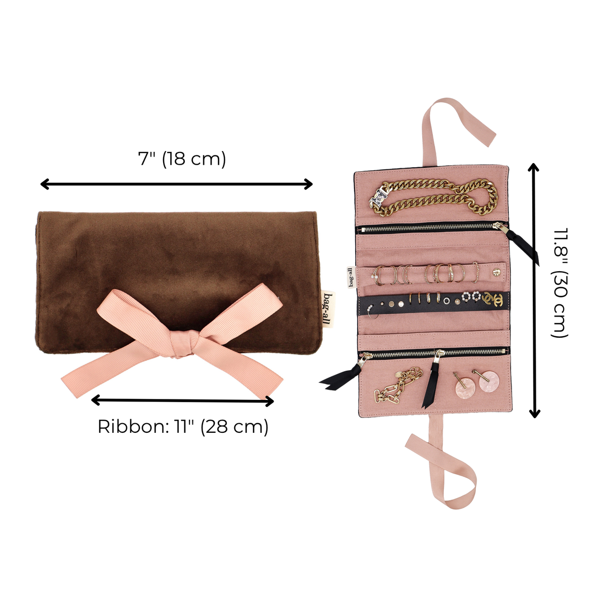 Couture Jewelry Roll, Medium – Eco Velvet – Espresso Brown measurement diagram showing brown velvet roll, 7 by 11.8 inches