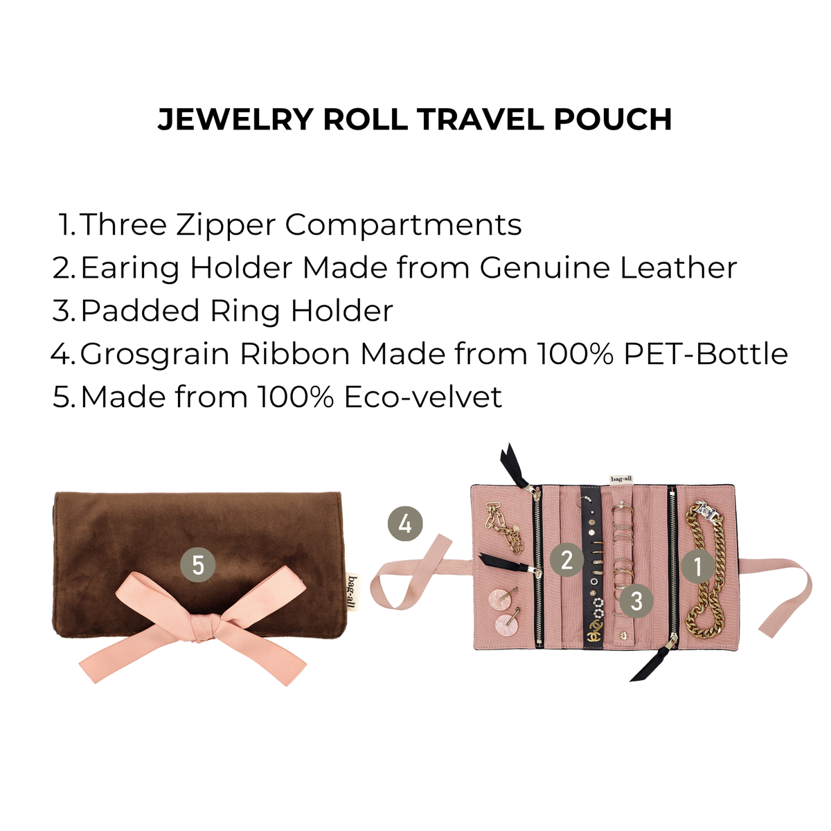 Couture Jewelry Roll, Medium – Eco Velvet – Espresso Brown product diagram showing three zipper compartments and ring holder
