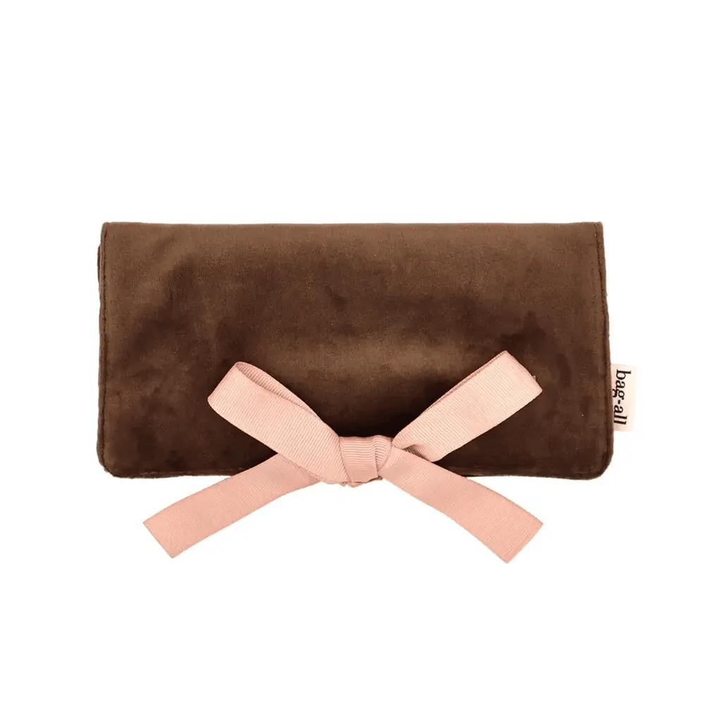 Couture Jewelry Roll, Medium – Velvet – Espresso Brown, Bag-all brown velvet jewelry organizer with pink ribbon closure