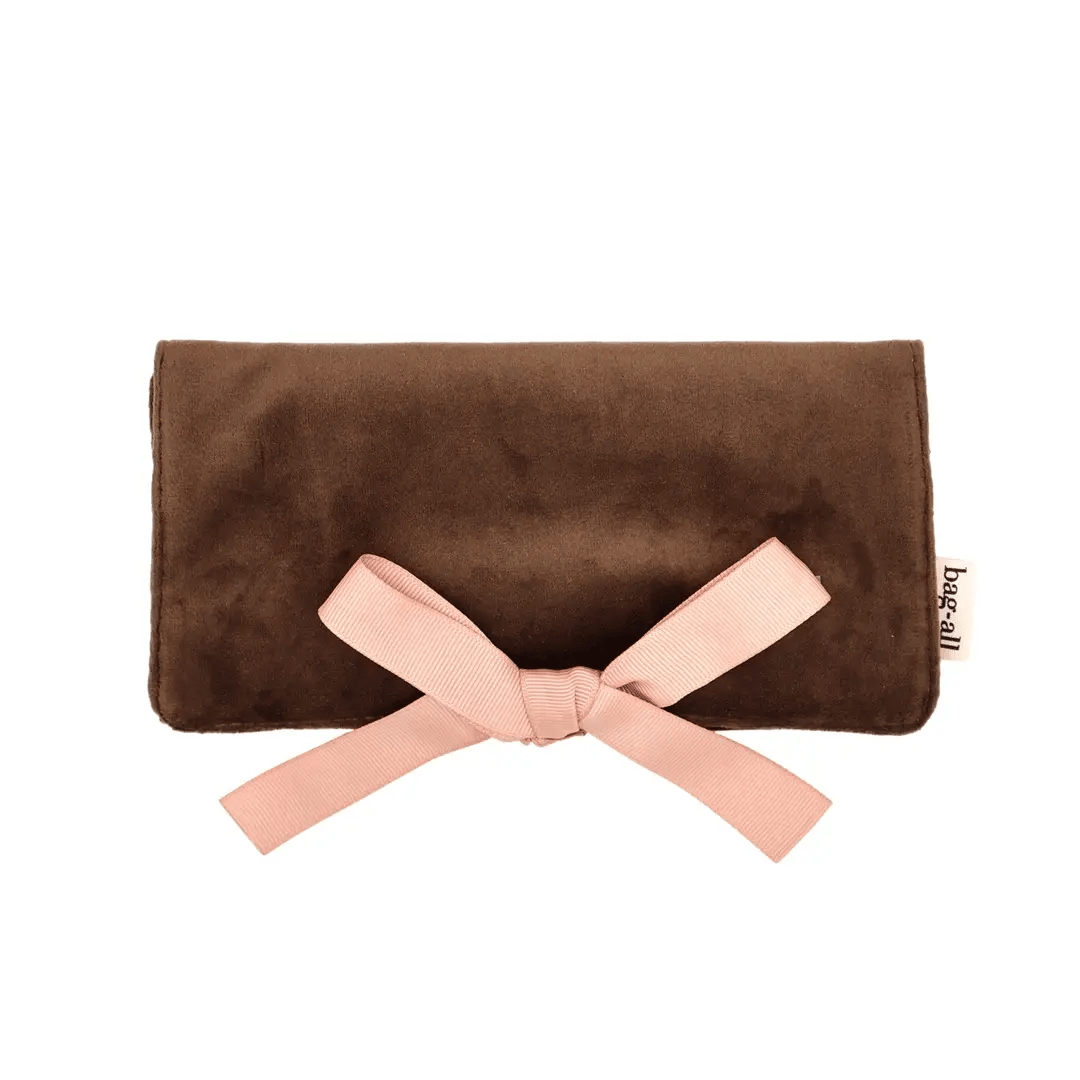 Couture Jewelry Roll, Medium – Eco Velvet – Espresso Brown, Bag-all brown velvet jewelry organizer with pink ribbon closure