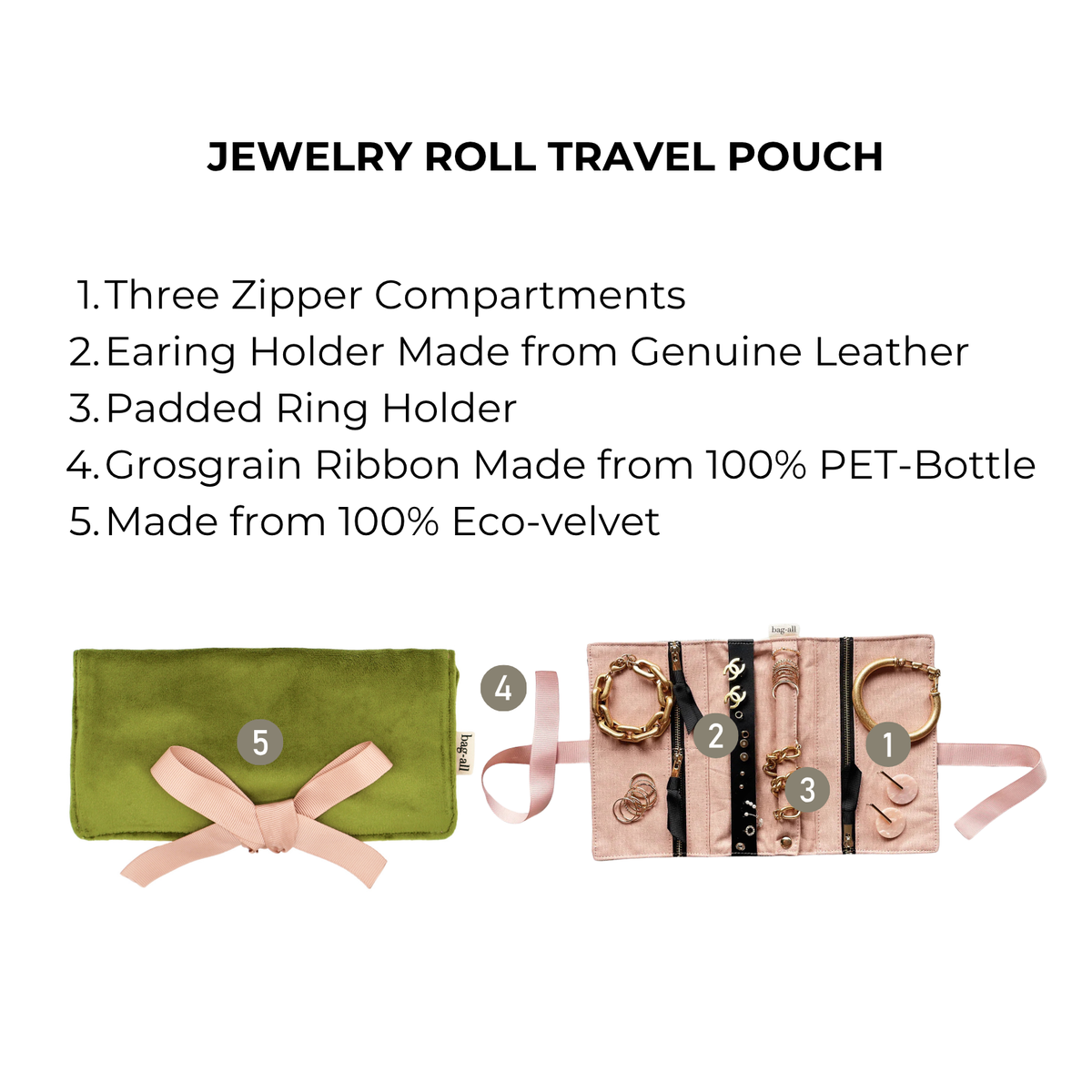 Couture Jewelry Roll, Medium – Velvet – Matcha Green by Bag-all, travel jewelry pouch with 3 compartments and ring holder