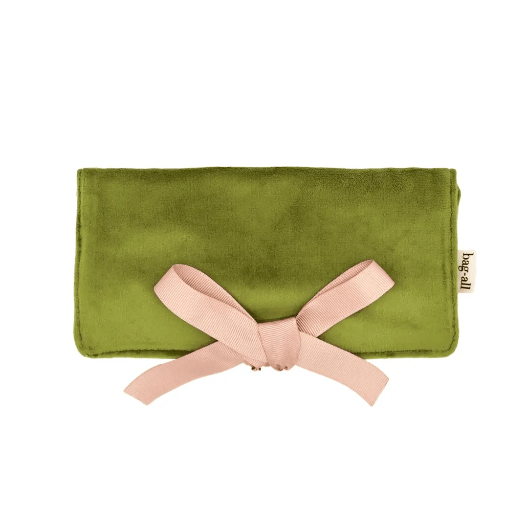 Couture Jewelry Roll, Medium – Eco Velvet – Matcha Green with pink tie for travel organization by Bag-all