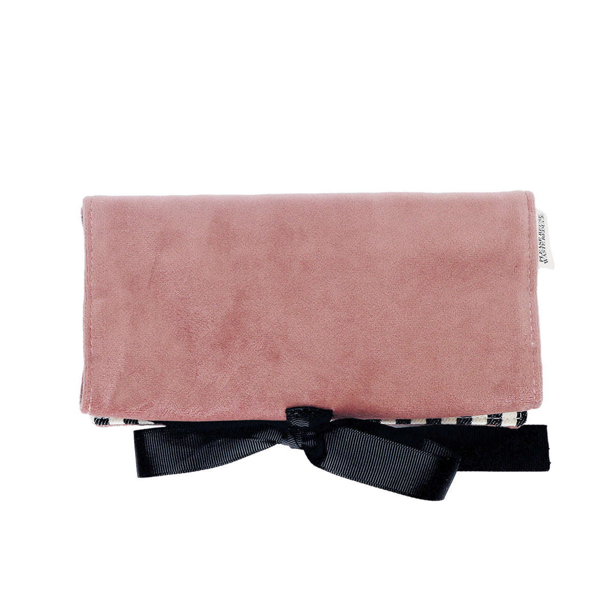 Couture Jewelry Roll, Medium – Eco Velvet – Blush Pink in blush pink with black tie by Bag-all for travel organization