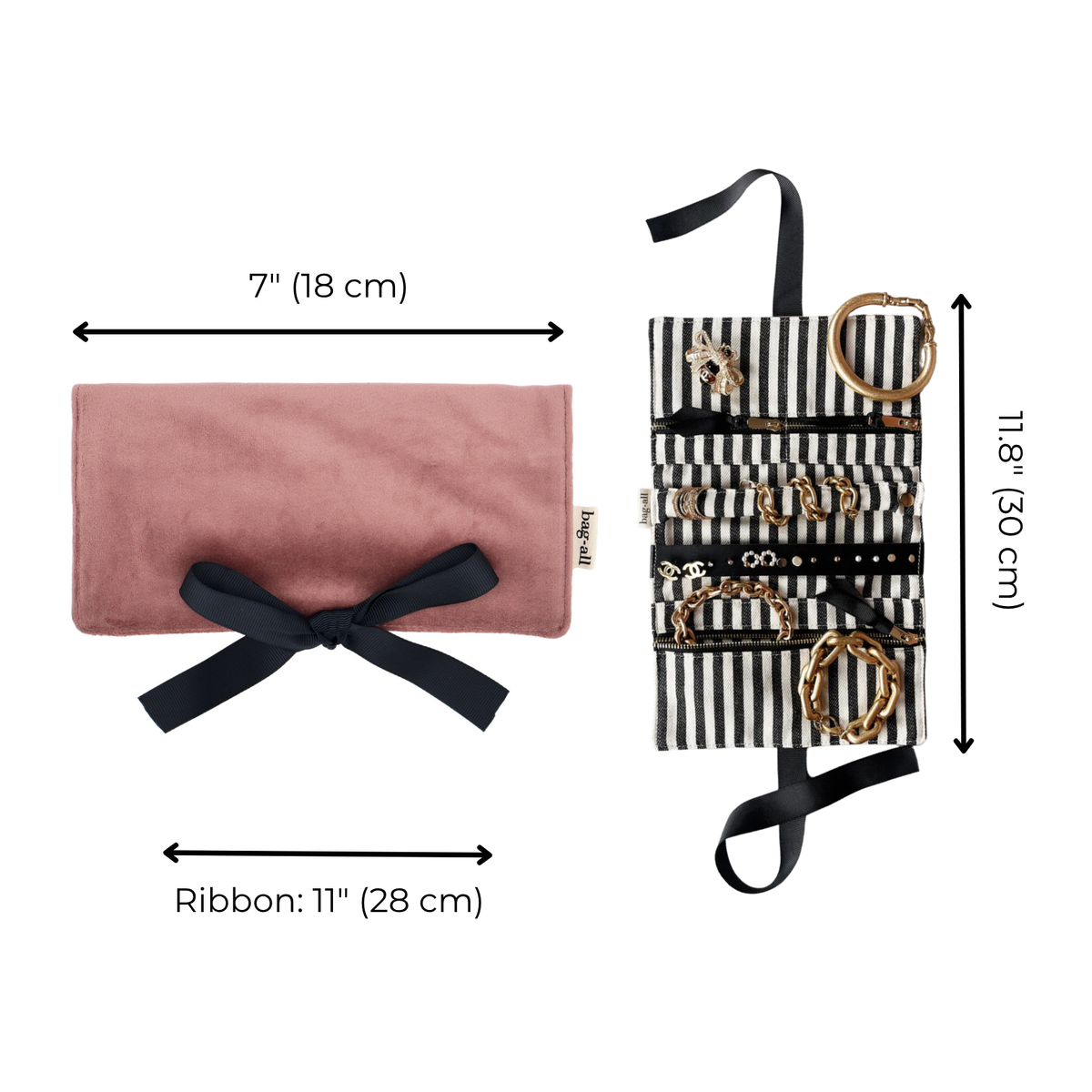 Couture Jewelry Roll, Medium – Eco Velvet – Blush Pink, Bag-all travel jewelry roll size diagram, 7 by 11.8 inches