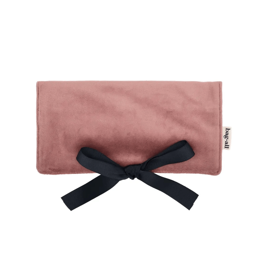 Couture Jewelry Roll, Medium – Eco Velvet – Blush Pink by Bag-all with black ribbon bow for travel organization