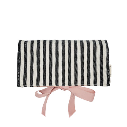 Bag-all Essential Gift Set Deal 3-Pack Striped cotton organizer with black and white stripes and pink bow closure, featuring travel cases for skincare, pills, and jewelry