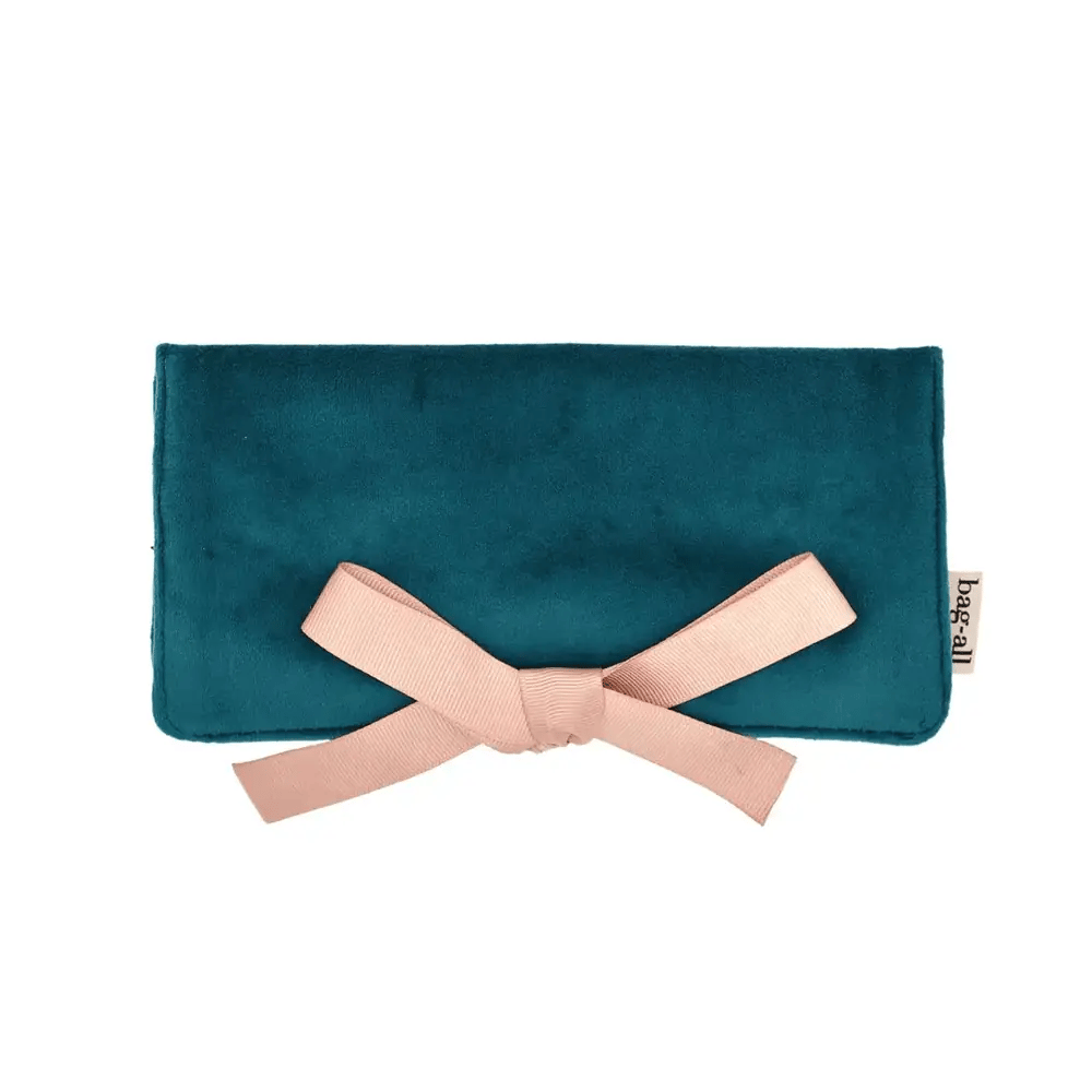 Couture Jewelry Roll, Medium – Velvet – Aqua Teal with pink ribbon tie by Bag-all