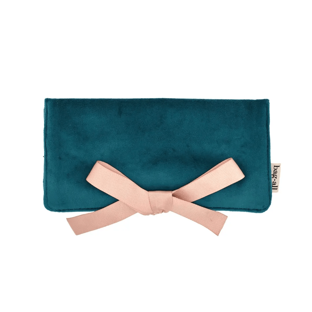 Couture Jewelry Roll, Medium – Eco Velvet – Aqua Teal with pink ribbon tie by Bag-all