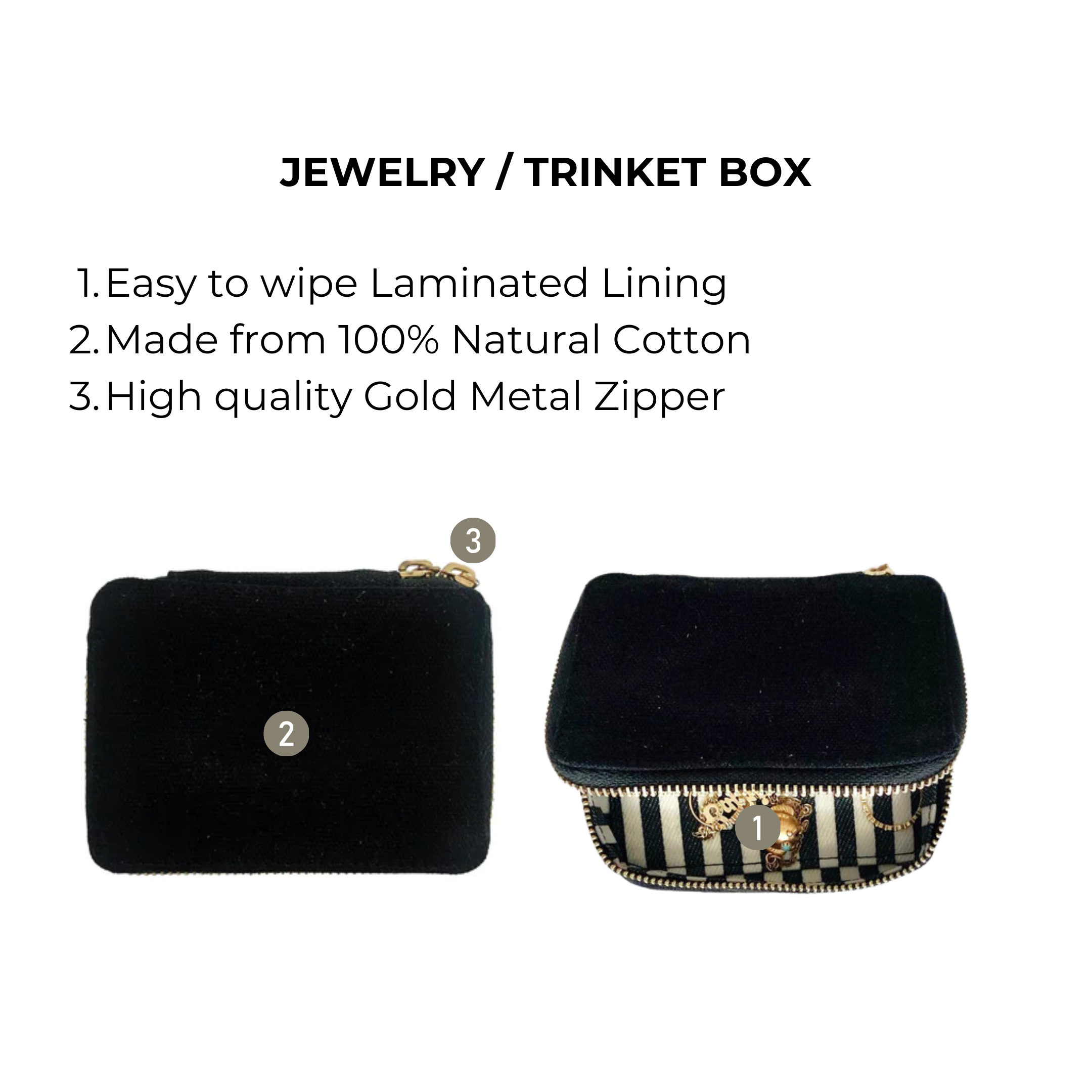 Bag-all Black Jewelry/Trinket Box with gold zipper and striped interior lining, made from natural cotton, perfect for organizing small accessories and travel