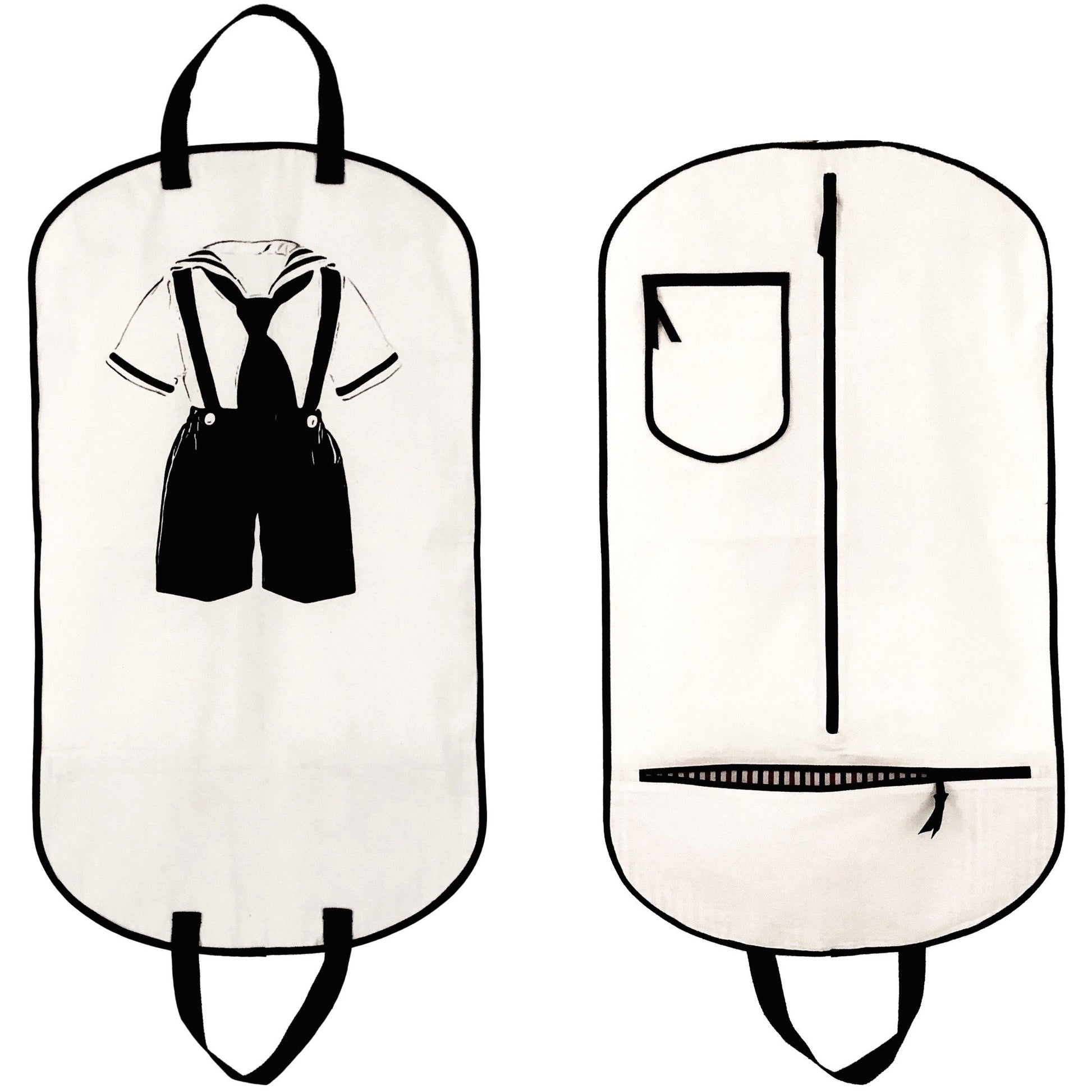 Bag-all Kids Garment Bag Boy in cream with black suspender suit design, dual handles and storage pockets, perfect for organizing children's formal wear