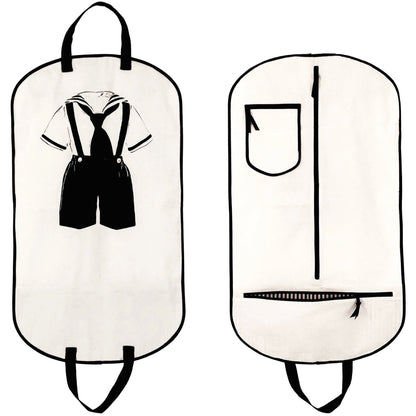 Bag-all Kids Garment Bag Boy in cream with black suspender suit design, dual handles and storage pockets, perfect for organizing children's formal wear