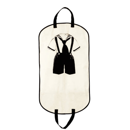 Bag-all Kids Garment Bag Boy in cream with black dress suit silhouette, featuring dual handles and pockets for storage, perfect for organizing boys' formal wear