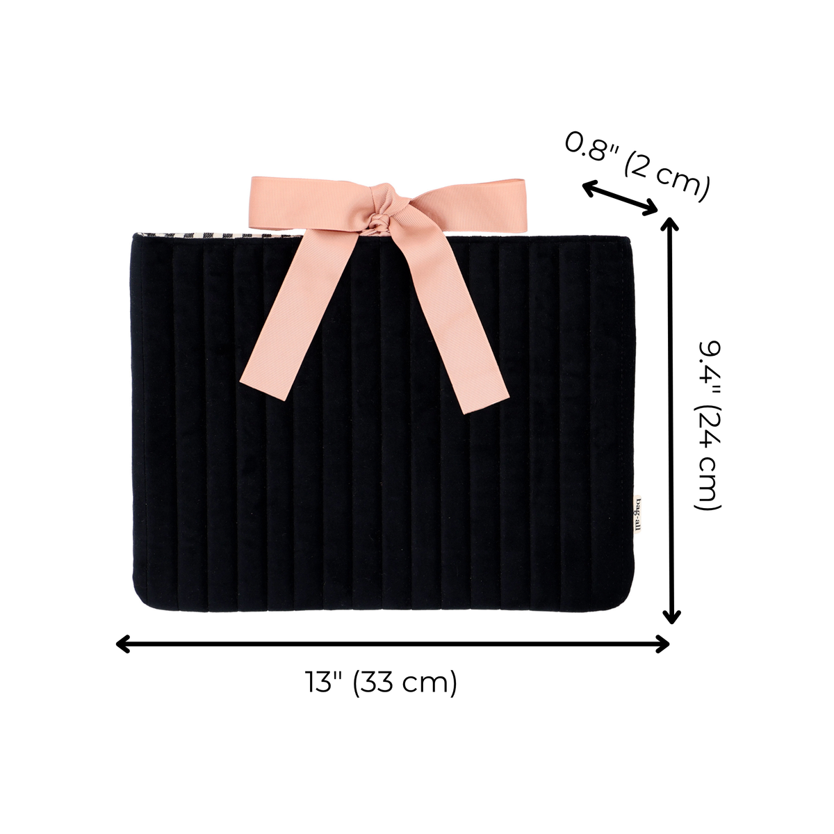 Laptop Sleeve 13" – Velvet – Jetset Black measurement diagram by Bag-all showing 13 x 9.4 x 0.8 in