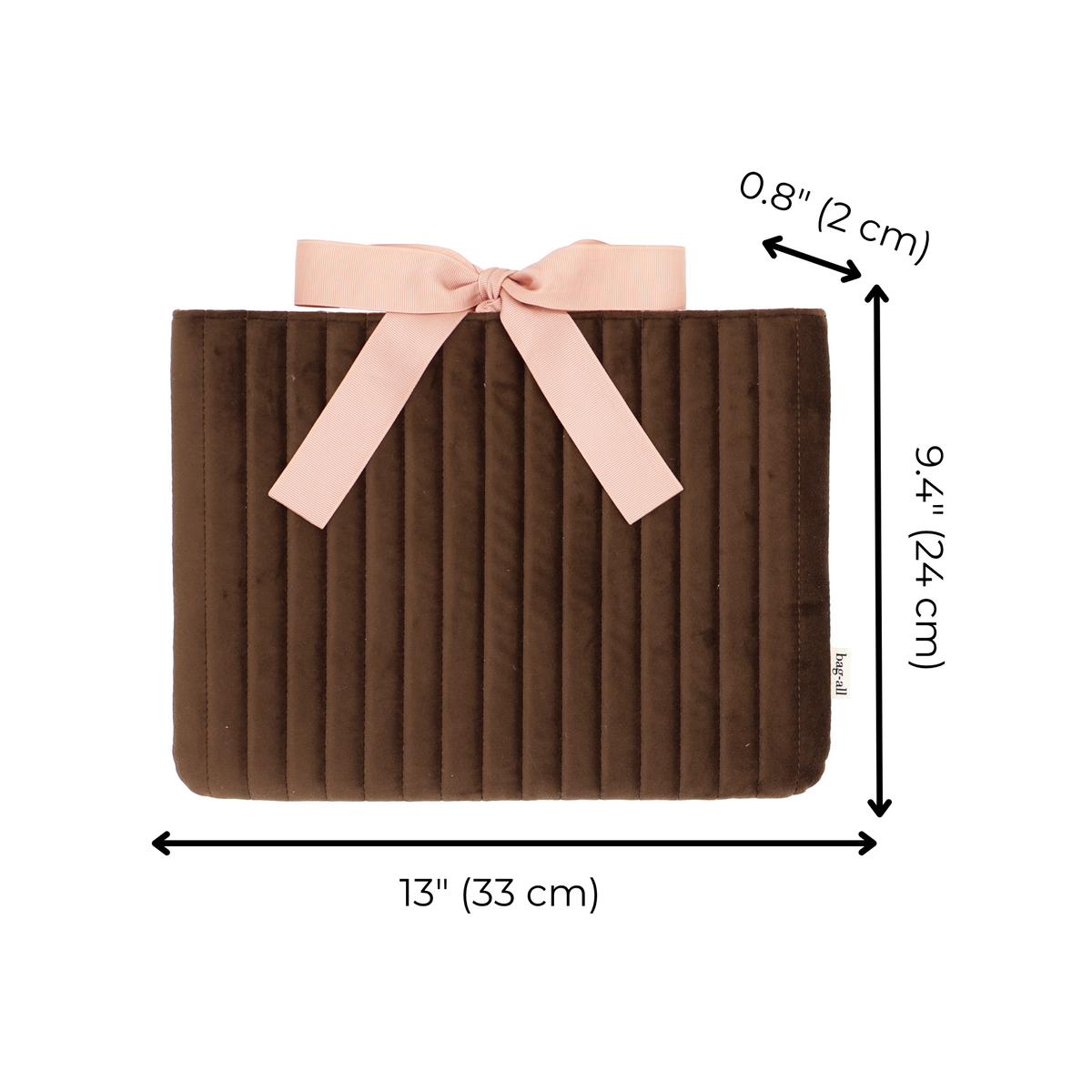 Measurement diagram of Laptop Sleeve 13" – Velvet – Espresso Brown by Bag-all showing 13 x 9.4 x 0.8 in