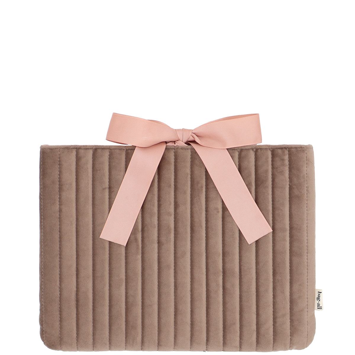 Laptop Sleeve 13" – Eco Velvet – Latte Taupe in taupe velvet with a pink bow by Bag-all