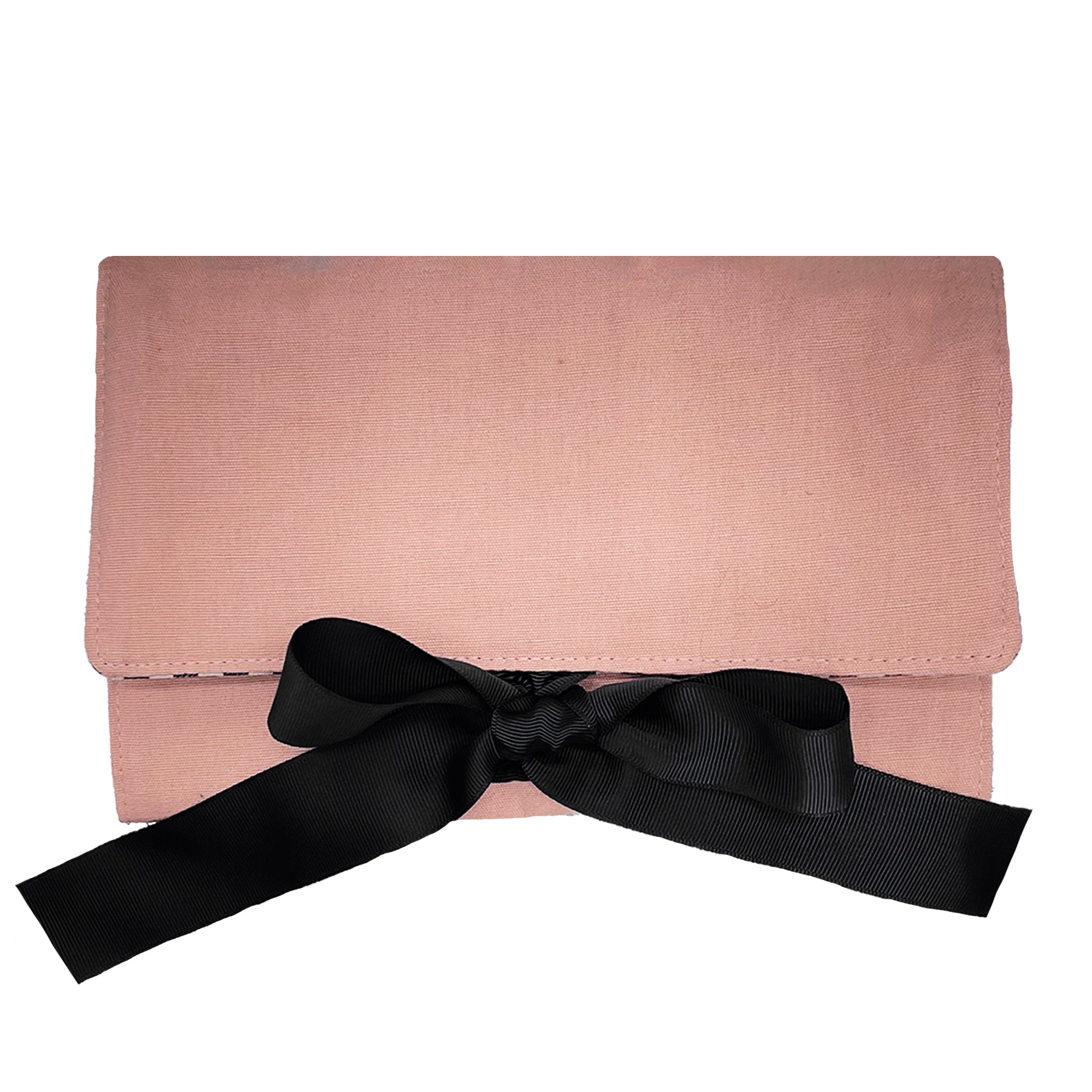 Bag-all Large Jewelry Roll in pink blush with elegant black bow, perfect for organizing and traveling with jewelry, featuring secure fold-over design and premium fabric construction