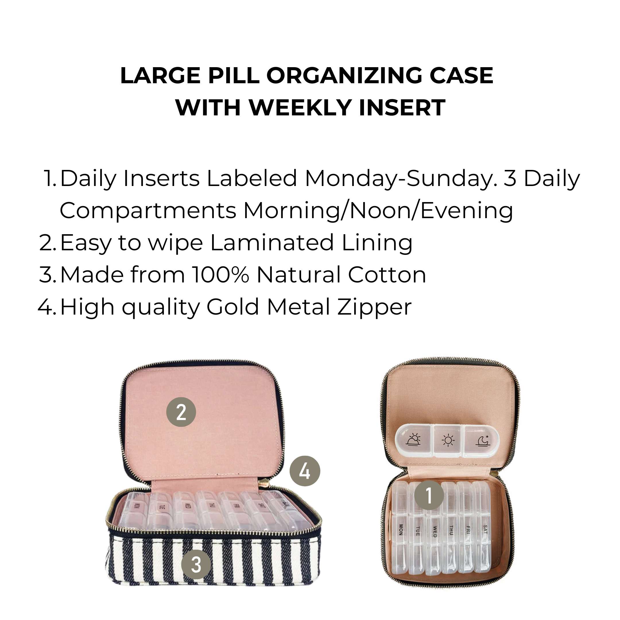 Large Pill Organizing Case with Weekly Insert, Striped | Bag-all