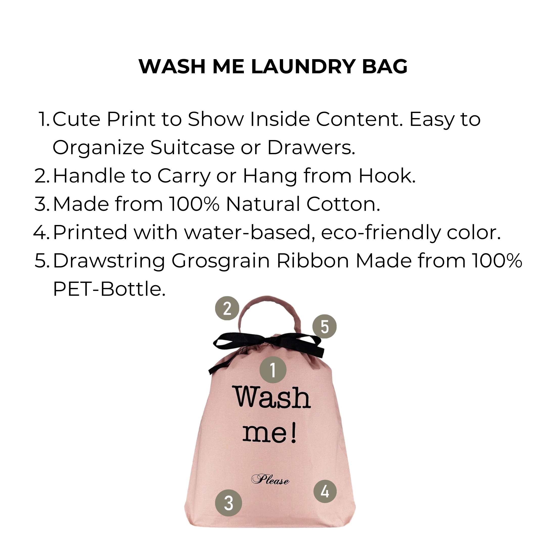 Bag-all Wash Me Laundry Bag in pink blush cotton with black text, featuring eco-friendly materials, drawstring closure, and hanging hook - perfect for travel organization and laundry storage