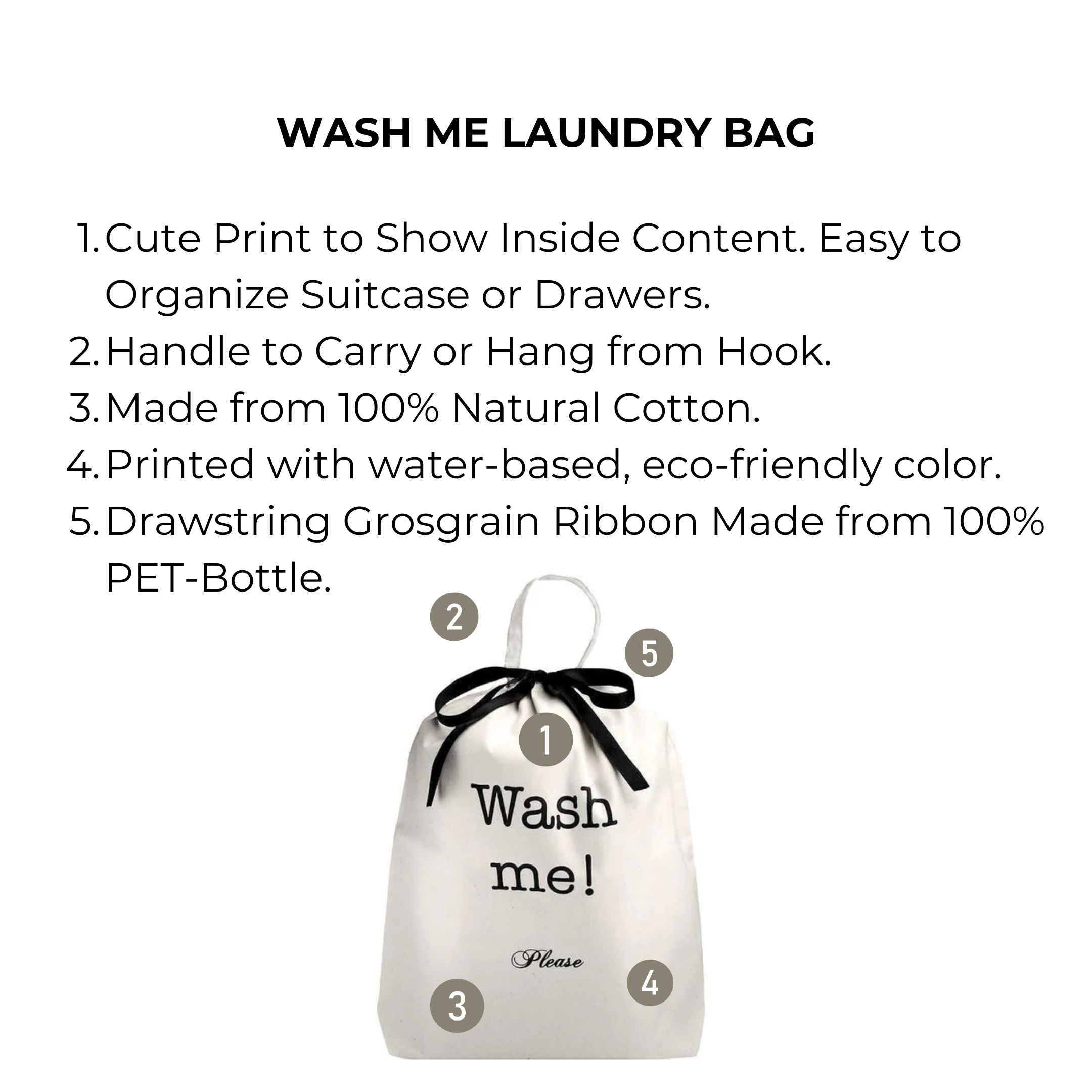 Bag-all Wash Me Laundry Bag in cream cotton with black drawstring ribbon, featuring eco-friendly print, perfect for travel organization and suitcase storage